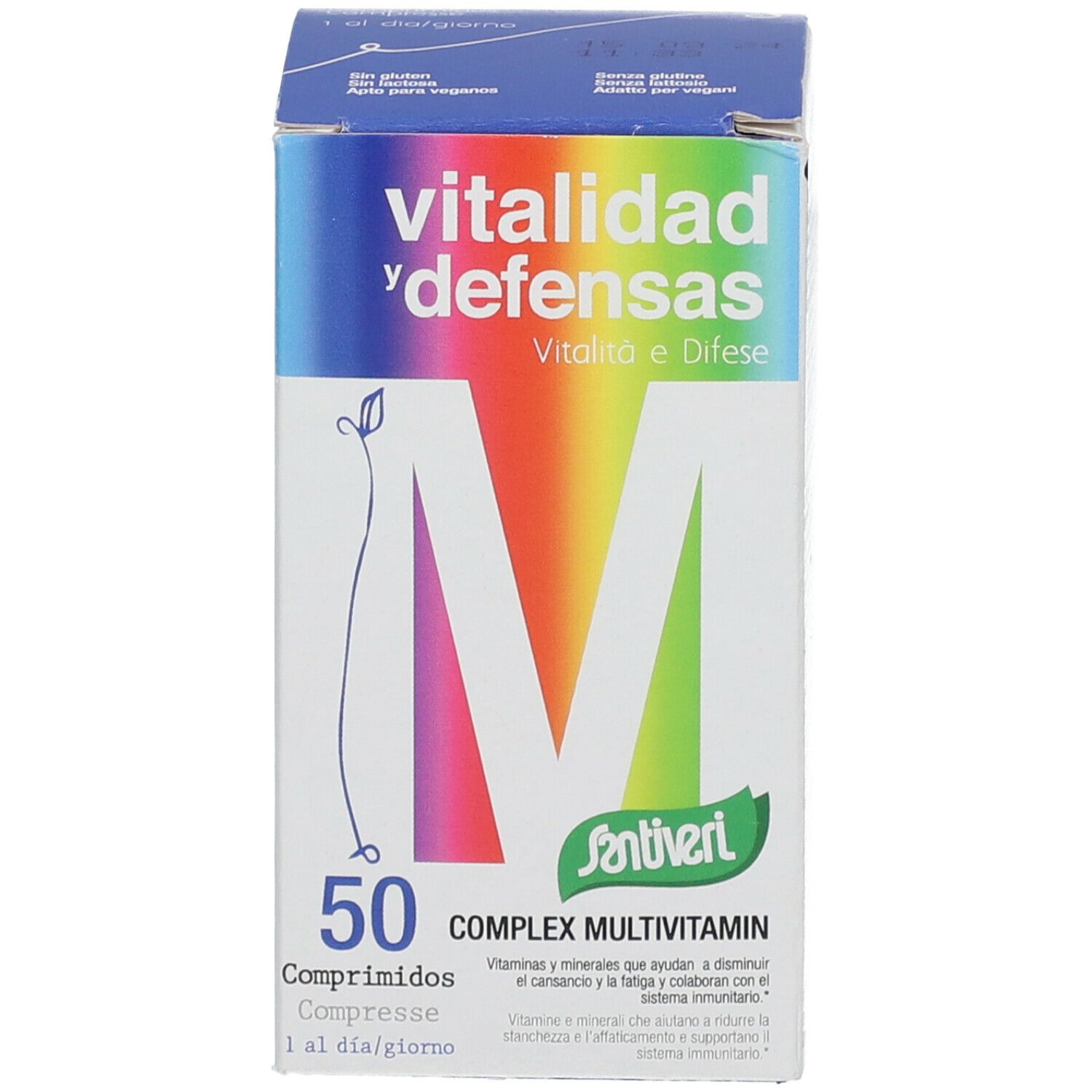 Boîte du produit. 'M' multicolore. '50 comprimés' et 'Santiveri' visibles. Texte sur l'emballage.