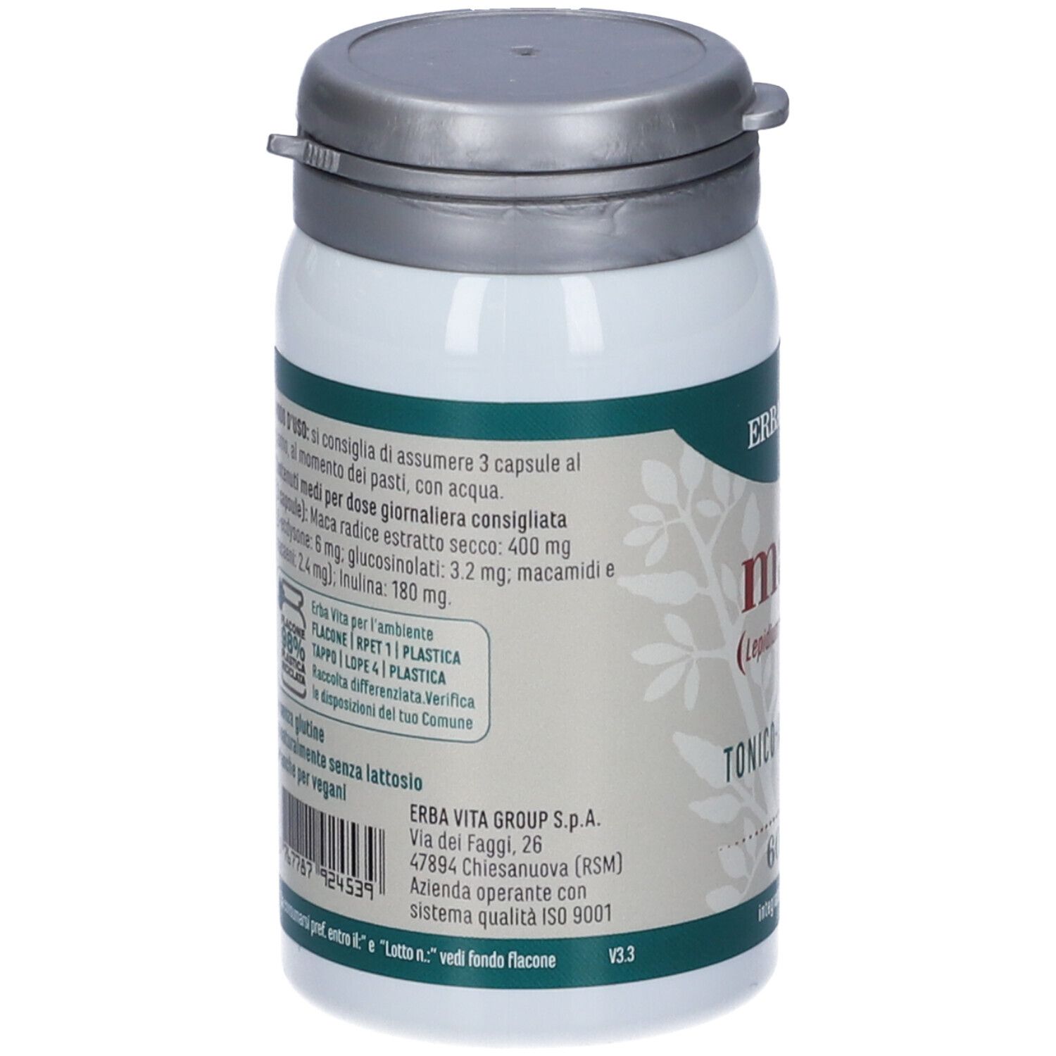 Dos du flacon. Informations textuelles, ingrédients et adresse du fabricant. Étiquette verte et blanche.