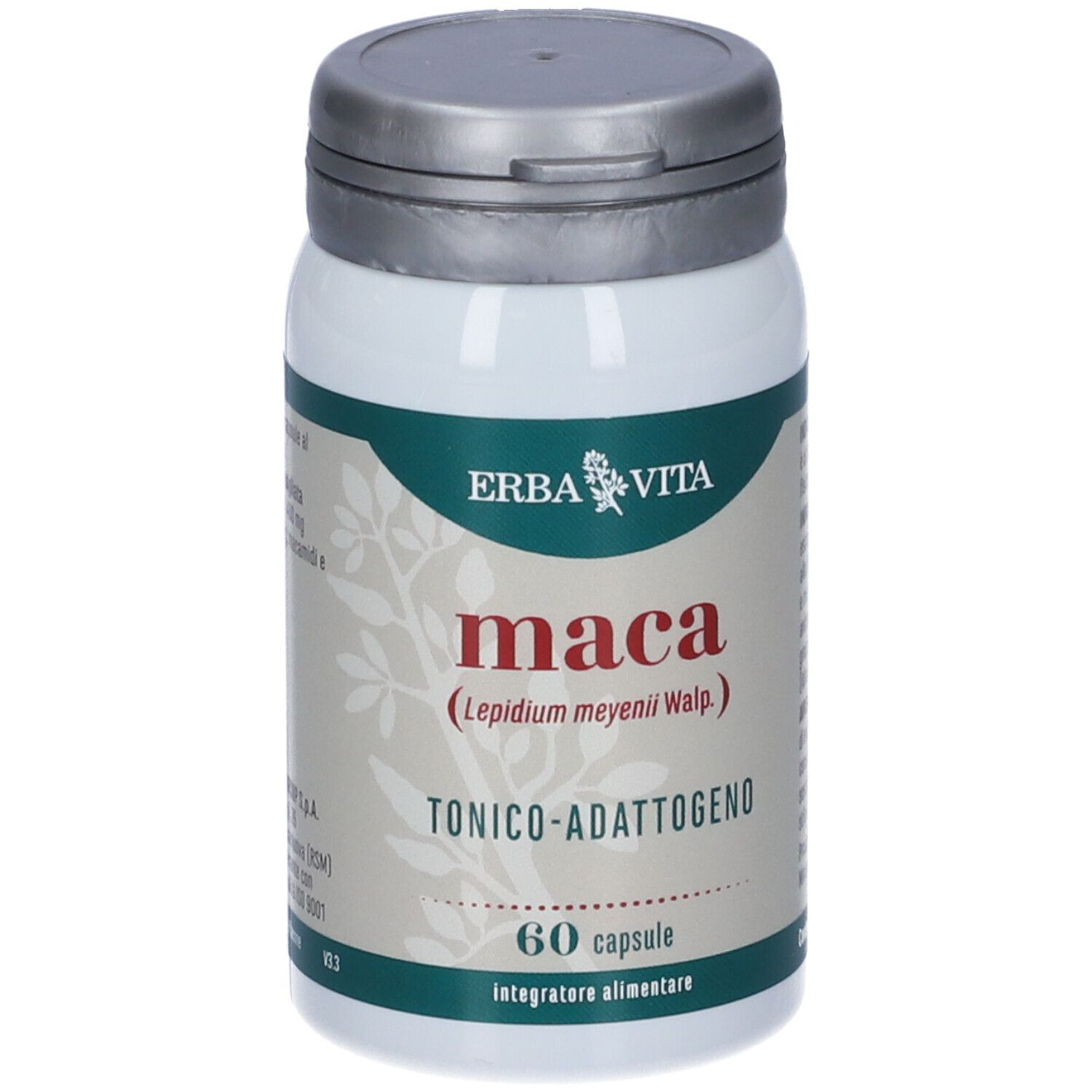 Flacon blanc avec couvercle gris. Inscription: ERBA VITA, maca, 60 gélules. Étiquetage vert et blanc.