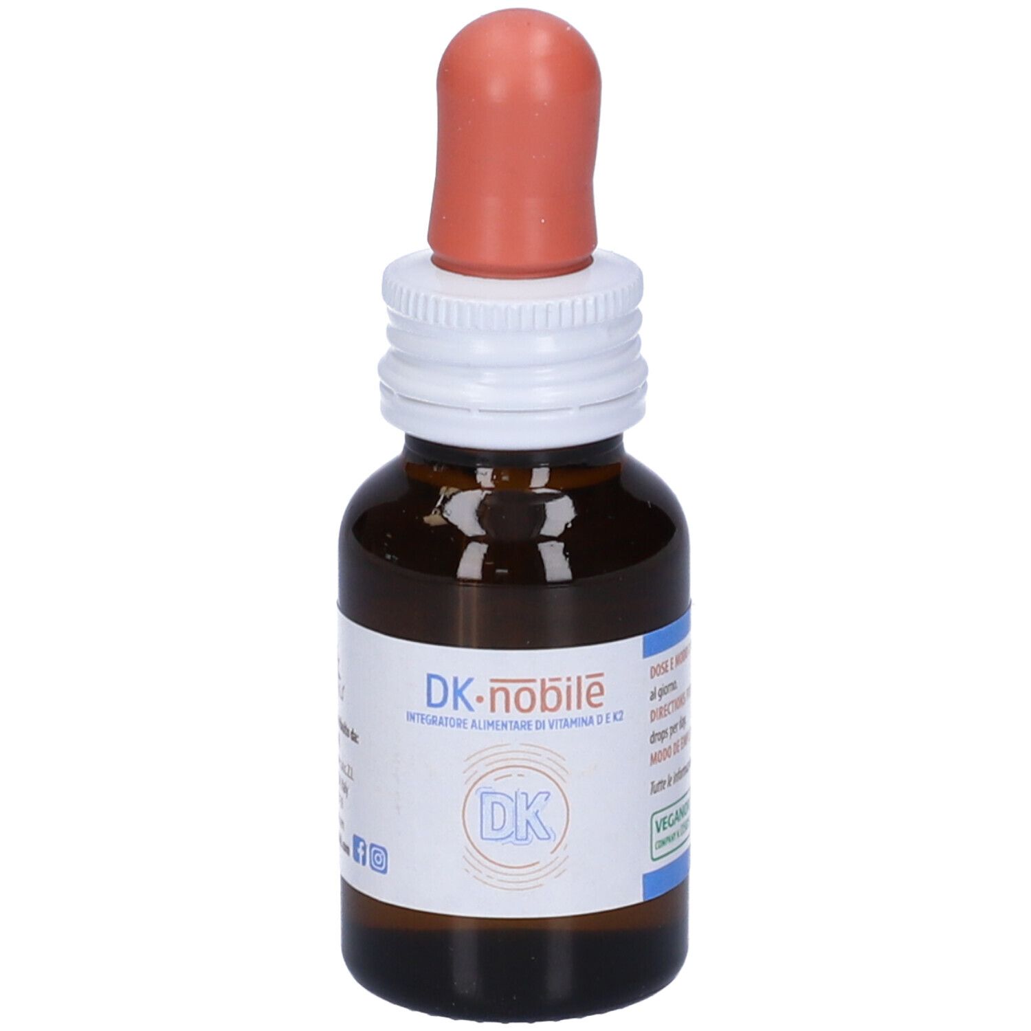 Braune Glasflasche mit Tropfer. Aufschrift: DK-nobile. Enthält Vitamin D und K2. Mit Tropfer.