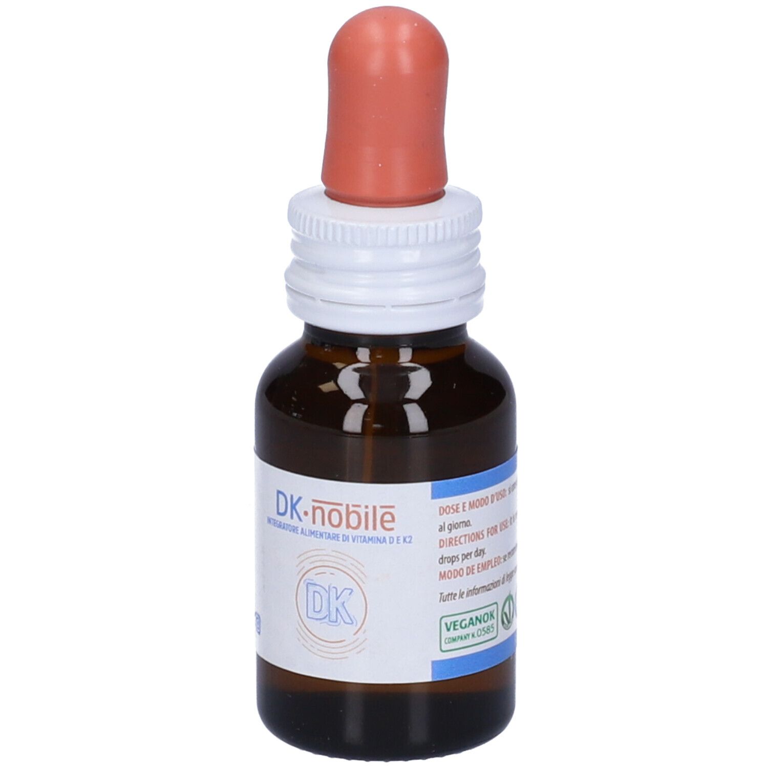 Braune Glasflasche mit Tropfer. Aufschrift: DK-nobile. Enthält Vitamin D und K2. Mit Tropfer.