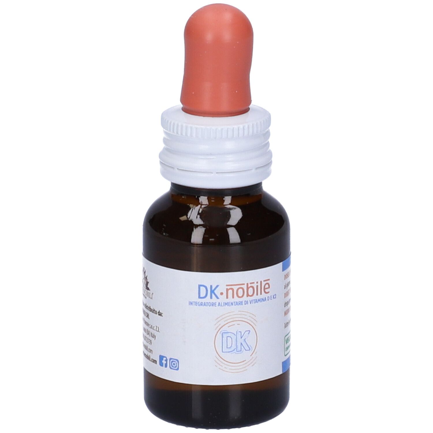 Braune Glasflasche mit Tropfer. Aufschrift: DK-nobile. Enthält Vitamin D und K2. Mit Tropfer.