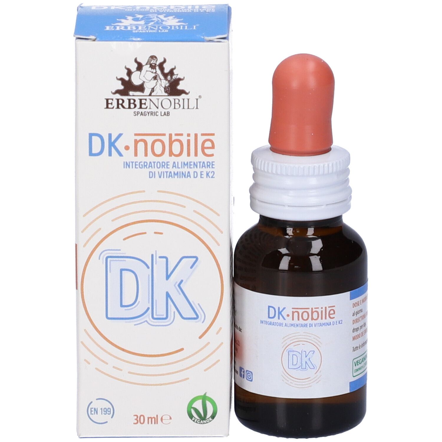 DK-nobile Flasche und Verpackung. Enthält Vitamin D und K2. Mit Tropfer. Logo: Erbenobili.