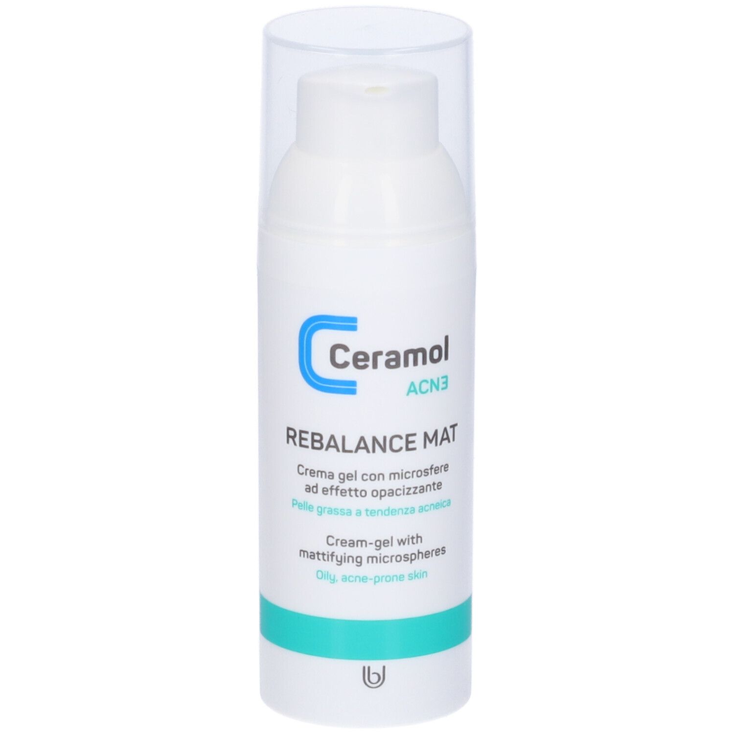 Weiße Flasche mit transparentem Deckel. Aufschrift: Ceramol ACN3 Rebalance Mat. Creme-Gel für fettige, zu Akne neigende Haut.