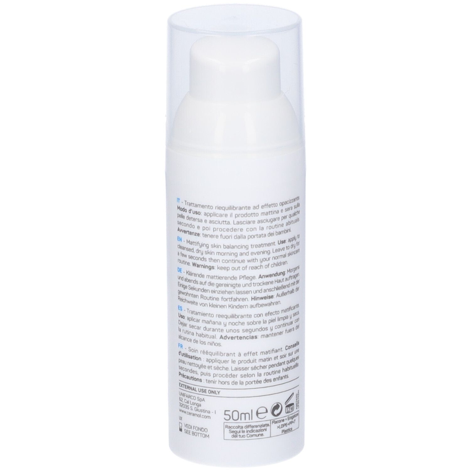 Weiße Flasche mit transparentem Deckel. Text auf der Seite. Aufschrift: Ceramol ACN3 Rebalance Mat. 50ml.