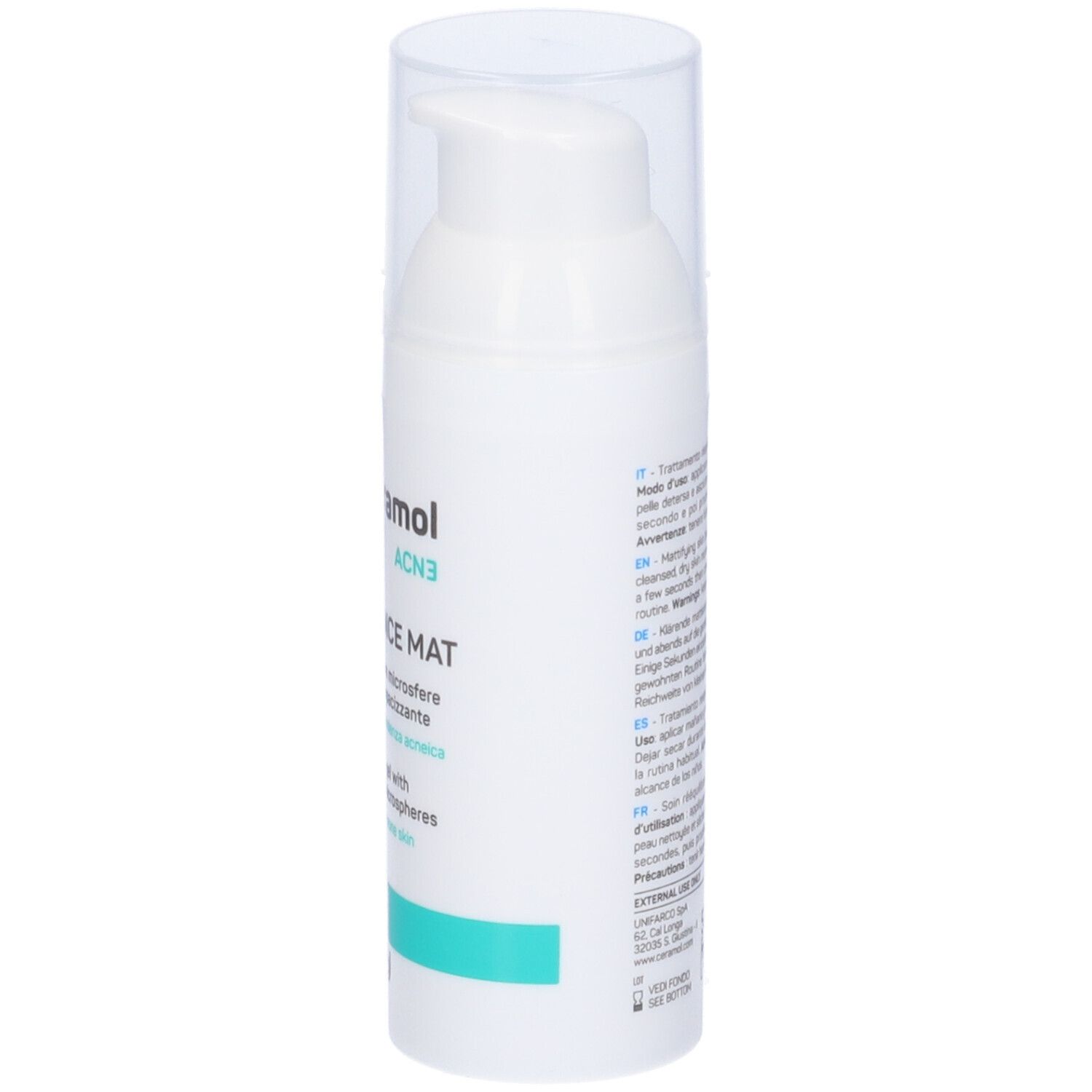 Weiße Flasche mit transparentem Deckel. Text auf der Seite. Aufschrift: Ceramol ACN3 Rebalance Mat. Creme-Gel für fettige, zu Akne neigende Haut.