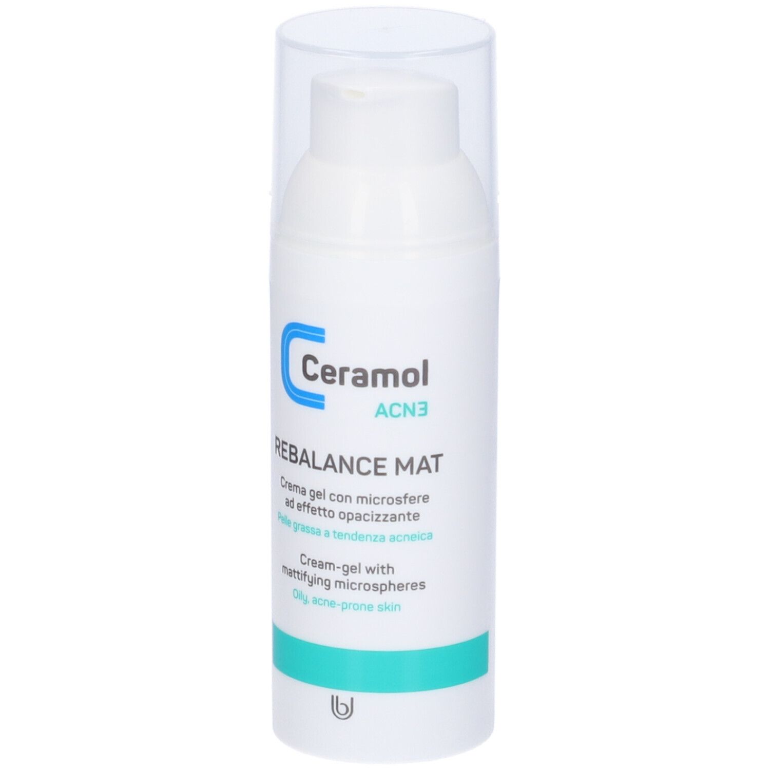 Weiße Flasche mit transparentem Deckel. Aufschrift: Ceramol ACN3 Rebalance Mat. Creme-Gel für fettige, zu Akne neigende Haut.