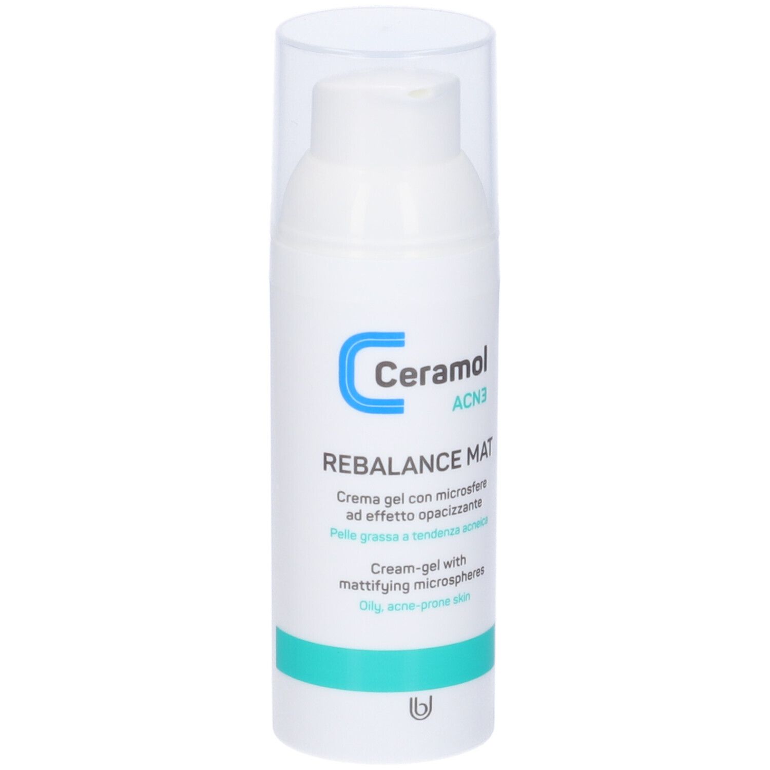 Weiße Flasche mit transparentem Deckel. Aufschrift: Ceramol ACN3 Rebalance Mat. Creme-Gel für fettige, zu Akne neigende Haut.