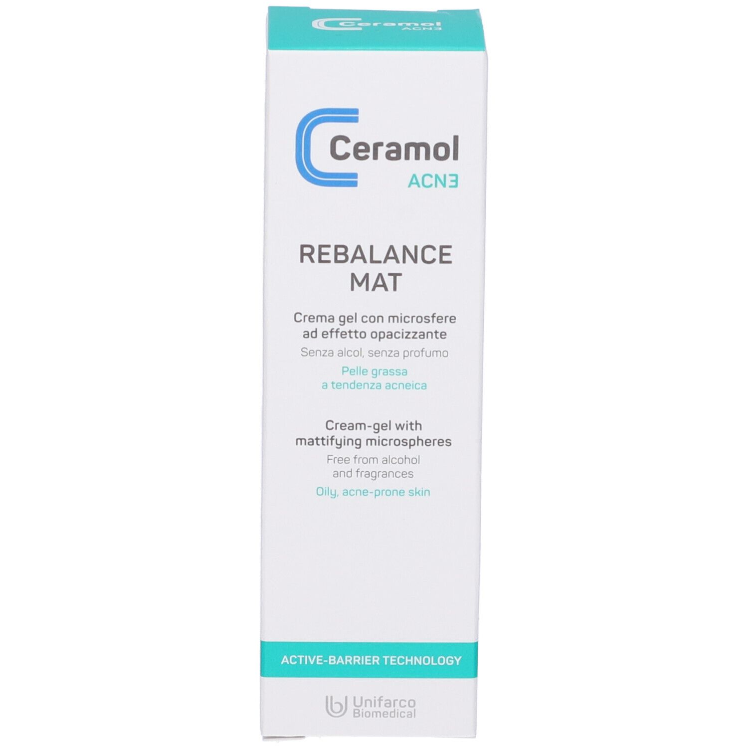Produktverpackung. Aufschrift: Ceramol ACN3 Rebalance Mat. Creme-Gel für fettige, zu Akne neigende Haut. Mit Alkohol- und Duftstofffreiheit.