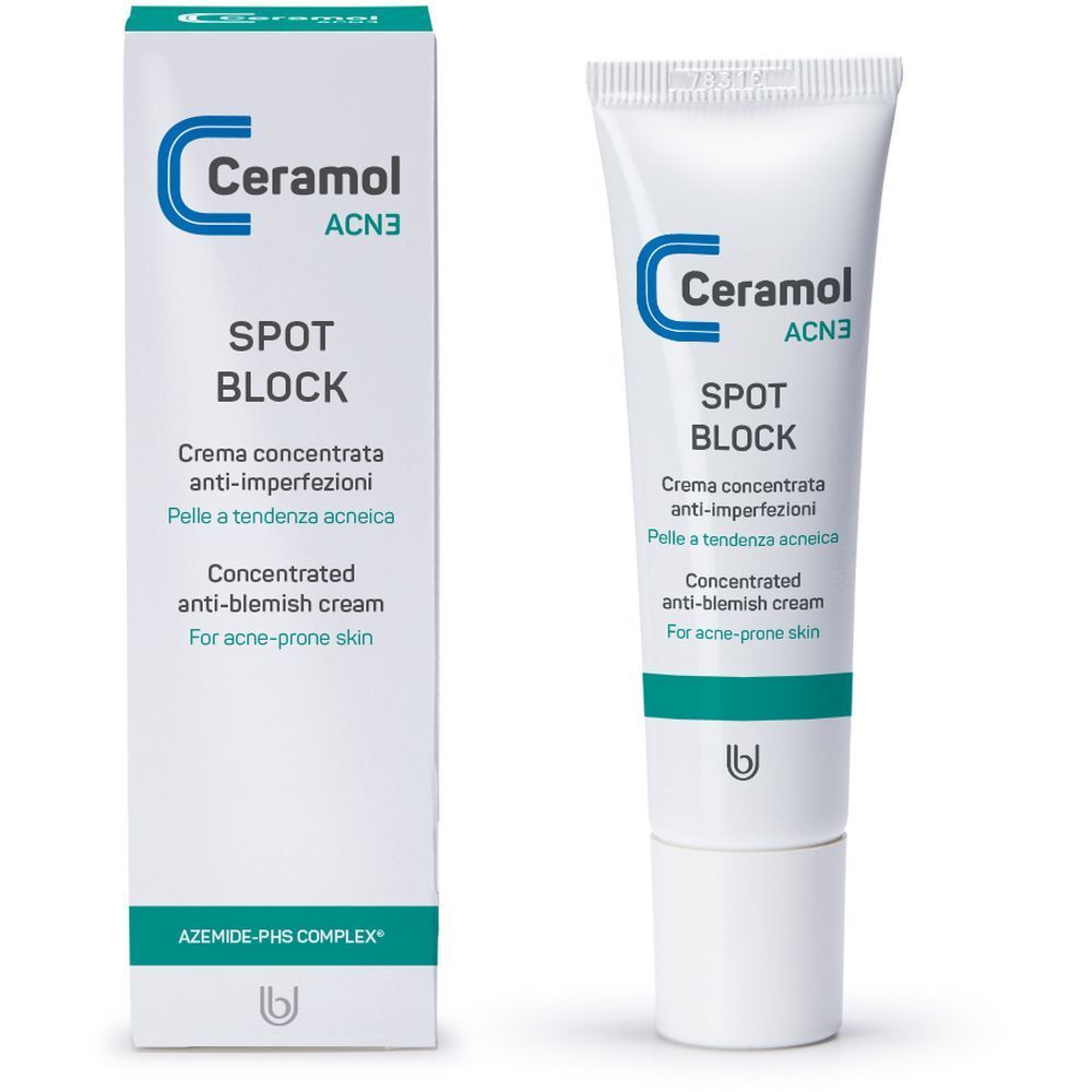 Creme und Verpackung. Aufschrift: Ceramol AC3 Spot Block. Konzentrierte Creme gegen Unreinheiten. Für zu Akne neigende Haut.