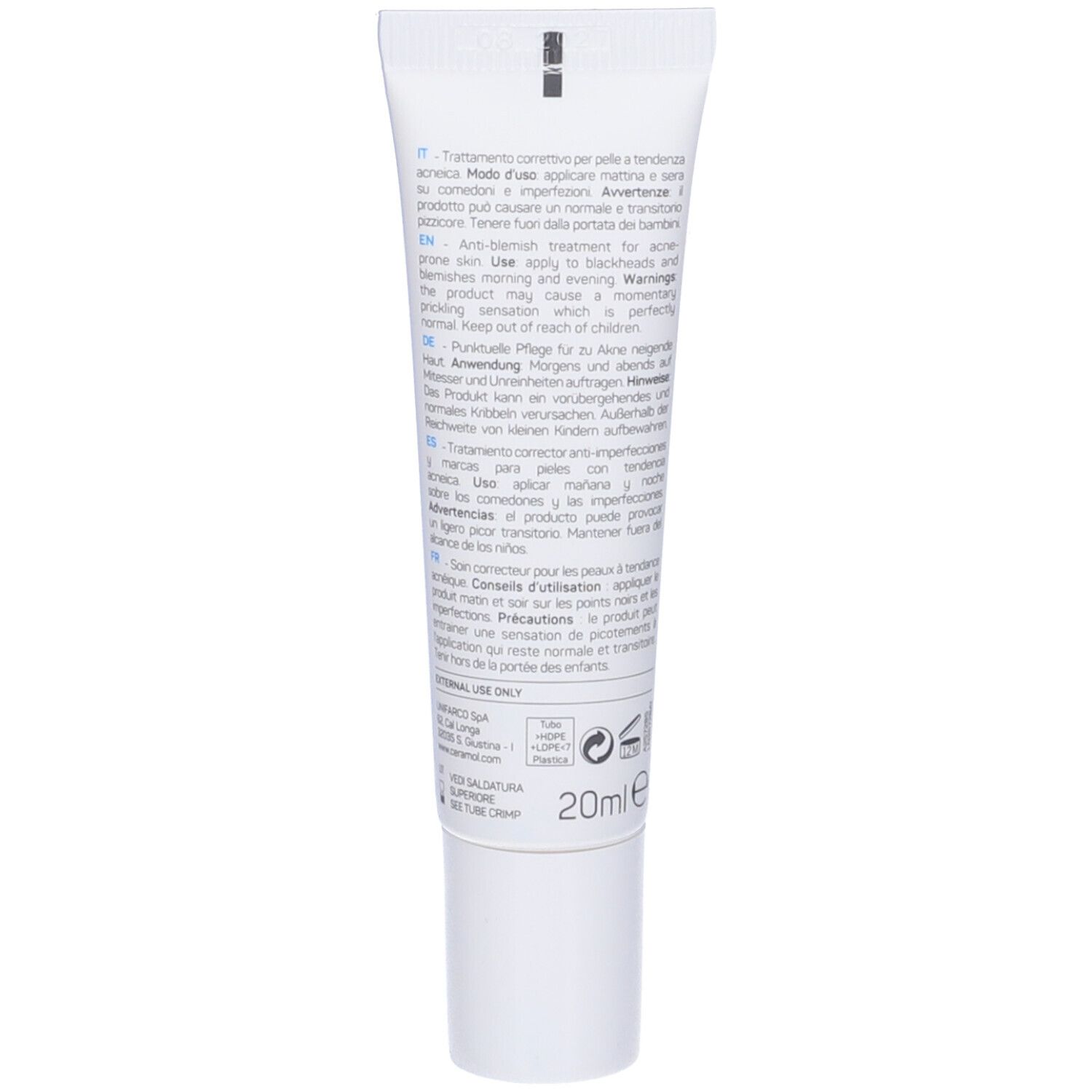 Rückseite der Tube. Text in mehreren Sprachen. 20ml. Inhaltsstoffe und Anwendungshinweise.