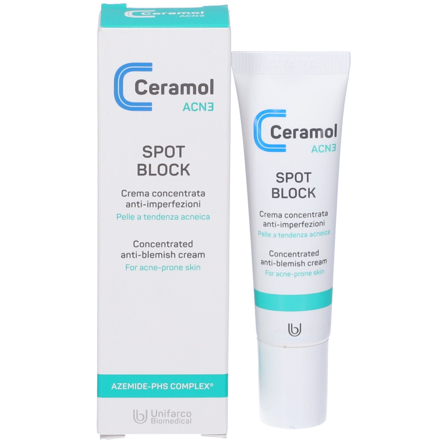 Creme und Verpackung. Aufschrift: Ceramol AC3 Spot Block. Konzentrierte Creme gegen Unreinheiten. Für zu Akne neigende Haut.