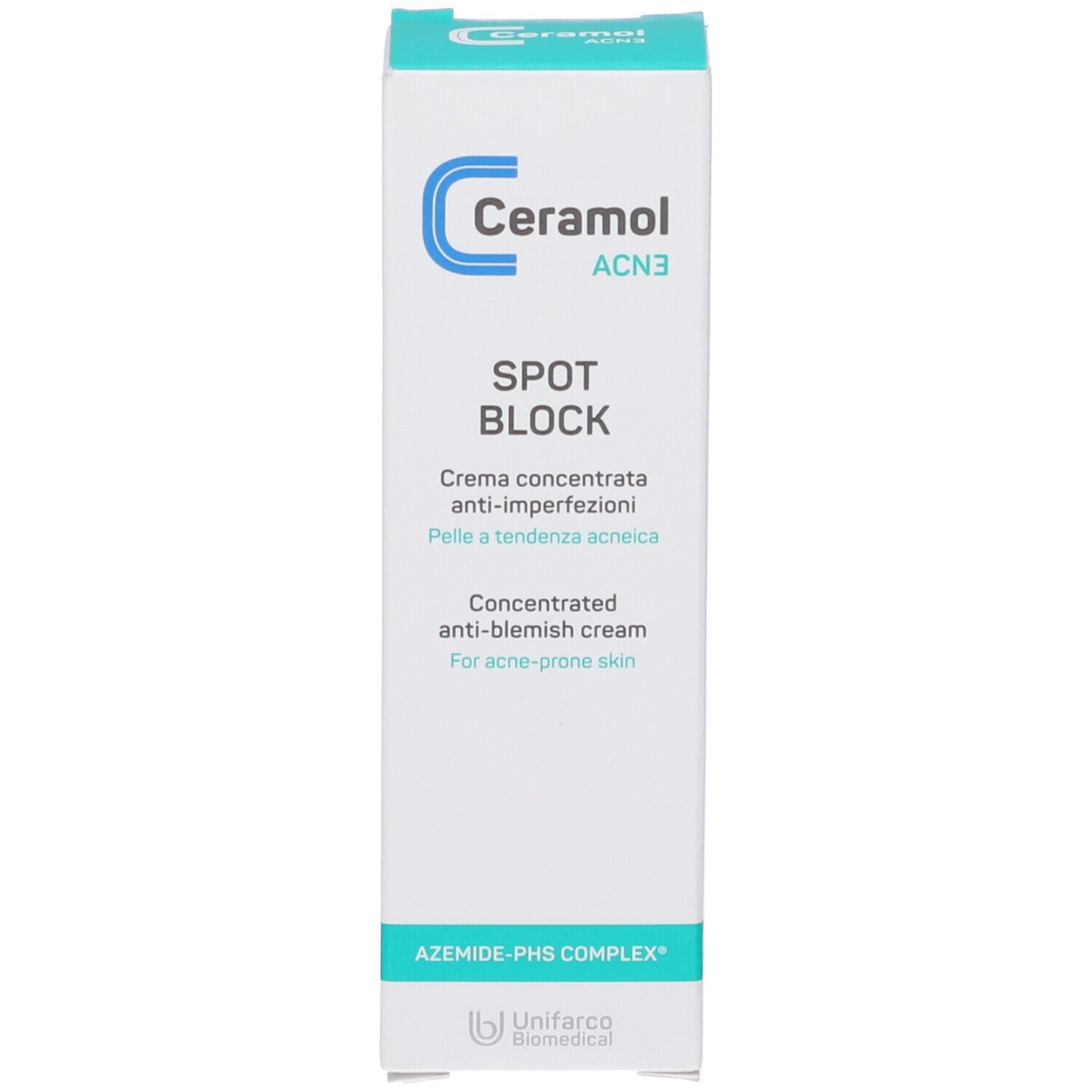 Verpackung. Aufschrift: Ceramol AC3 Spot Block. Konzentrierte Creme gegen Unreinheiten. Für zu Akne neigende Haut.