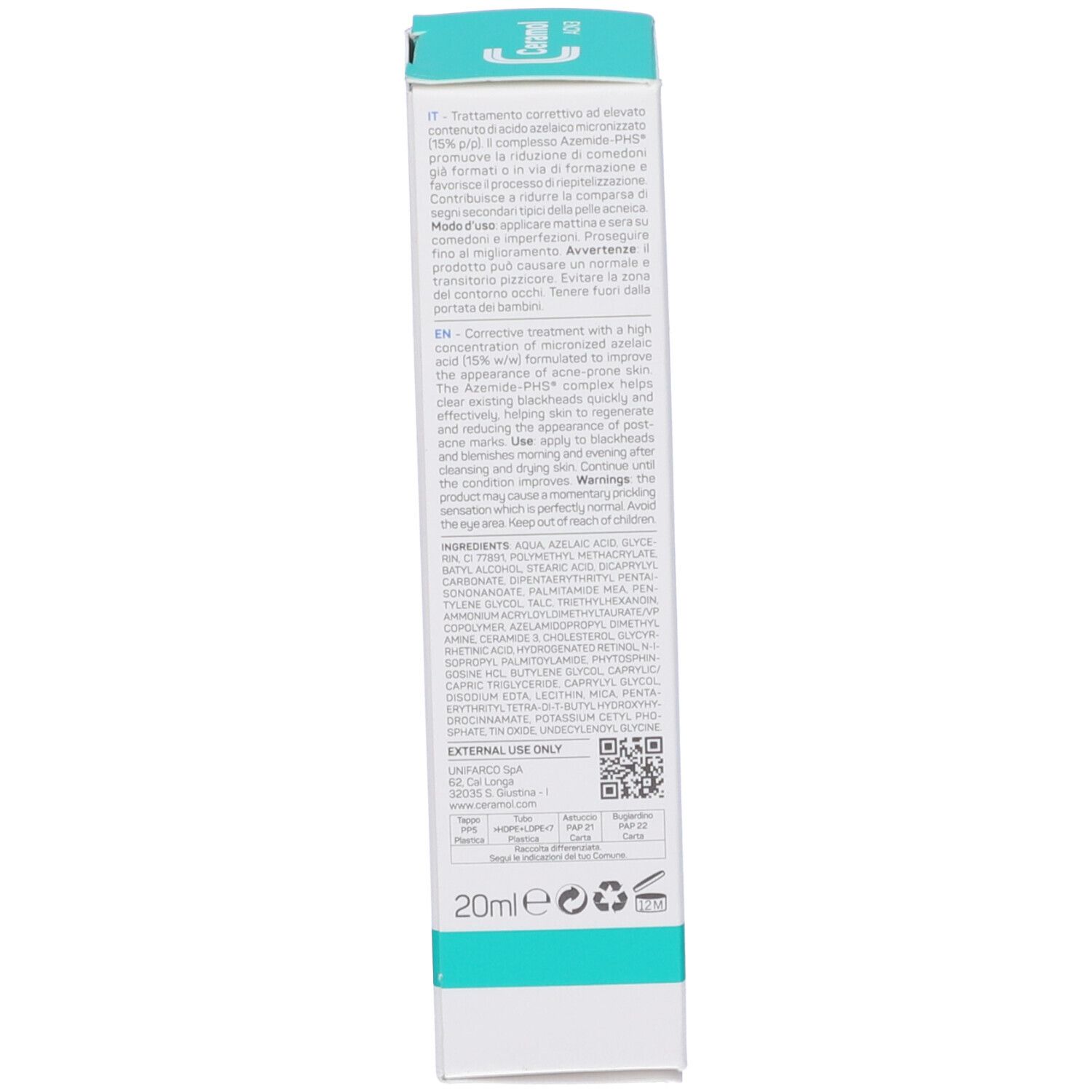 Rückseite der Verpackung. Text in mehreren Sprachen. 20ml. Inhaltsstoffe und Anwendungshinweise.