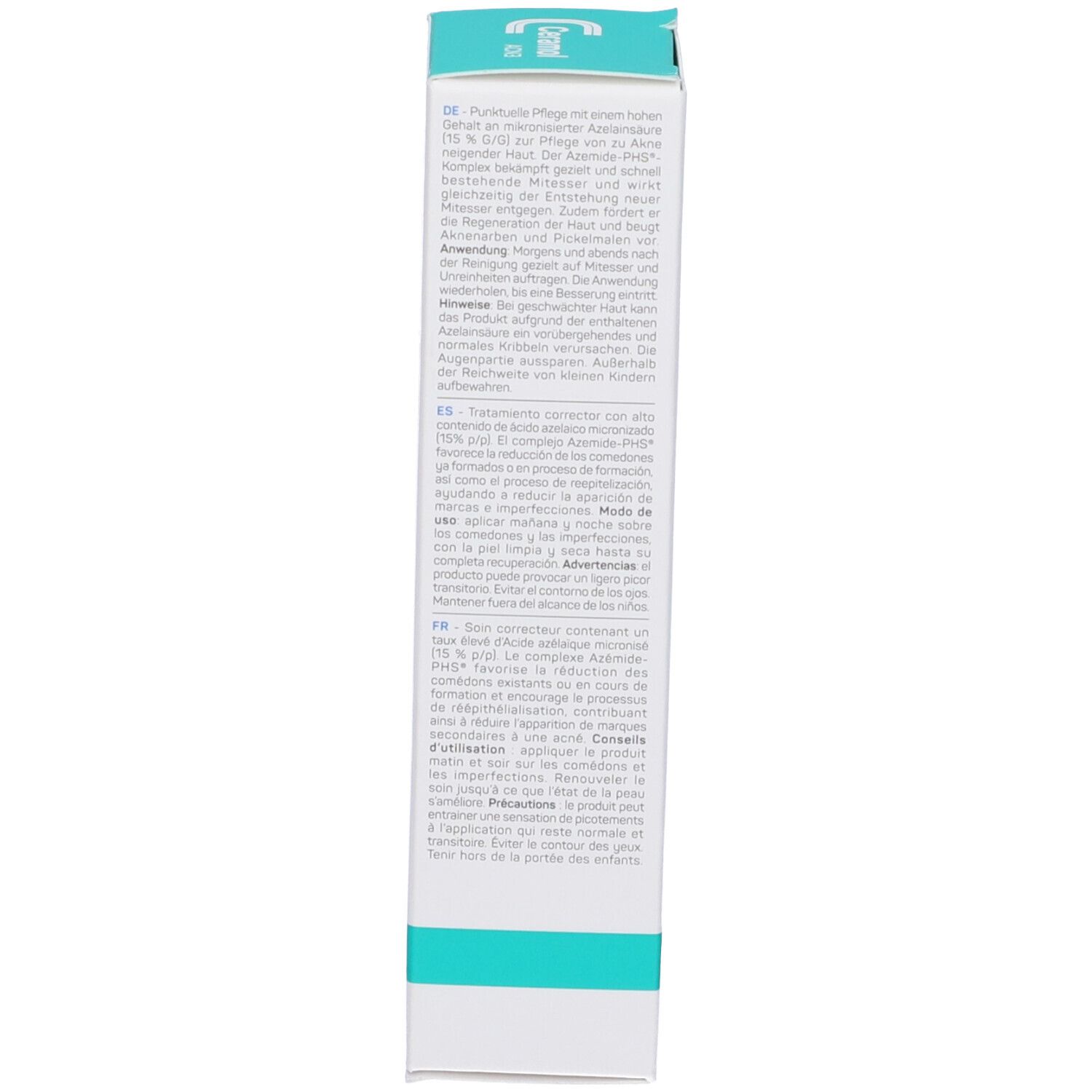 Rückseite der Verpackung. Text in mehreren Sprachen. Anwendungshinweise und Inhaltsstoffe.