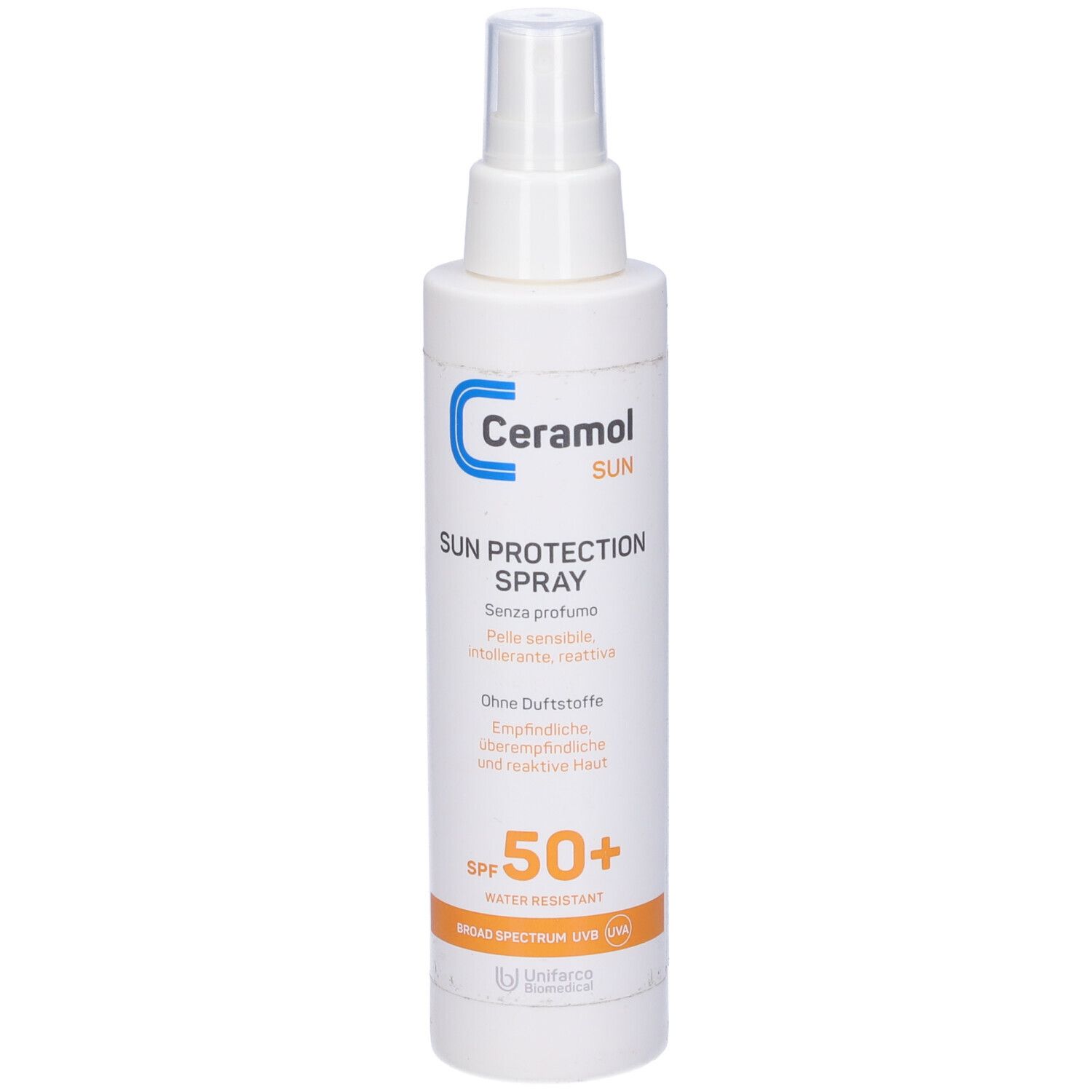 Flacon spray blanc avec texte bleu et orange. Inscriptions : Ceramol Sun, Sun Protection Spray, SPF 50+.