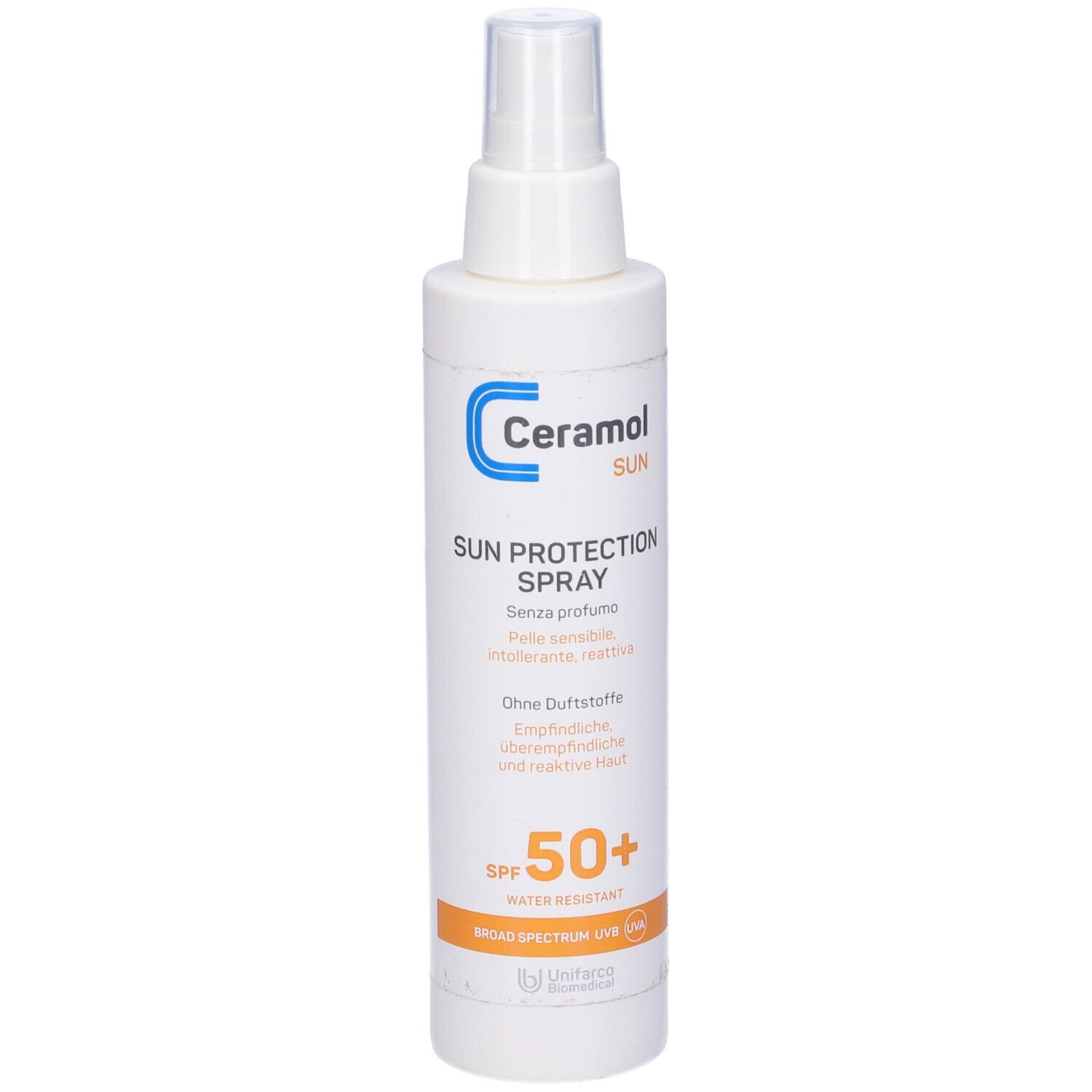 Flacon spray blanc avec texte bleu et orange. Inscriptions : Ceramol Sun, Sun Protection Spray, SPF 50+.