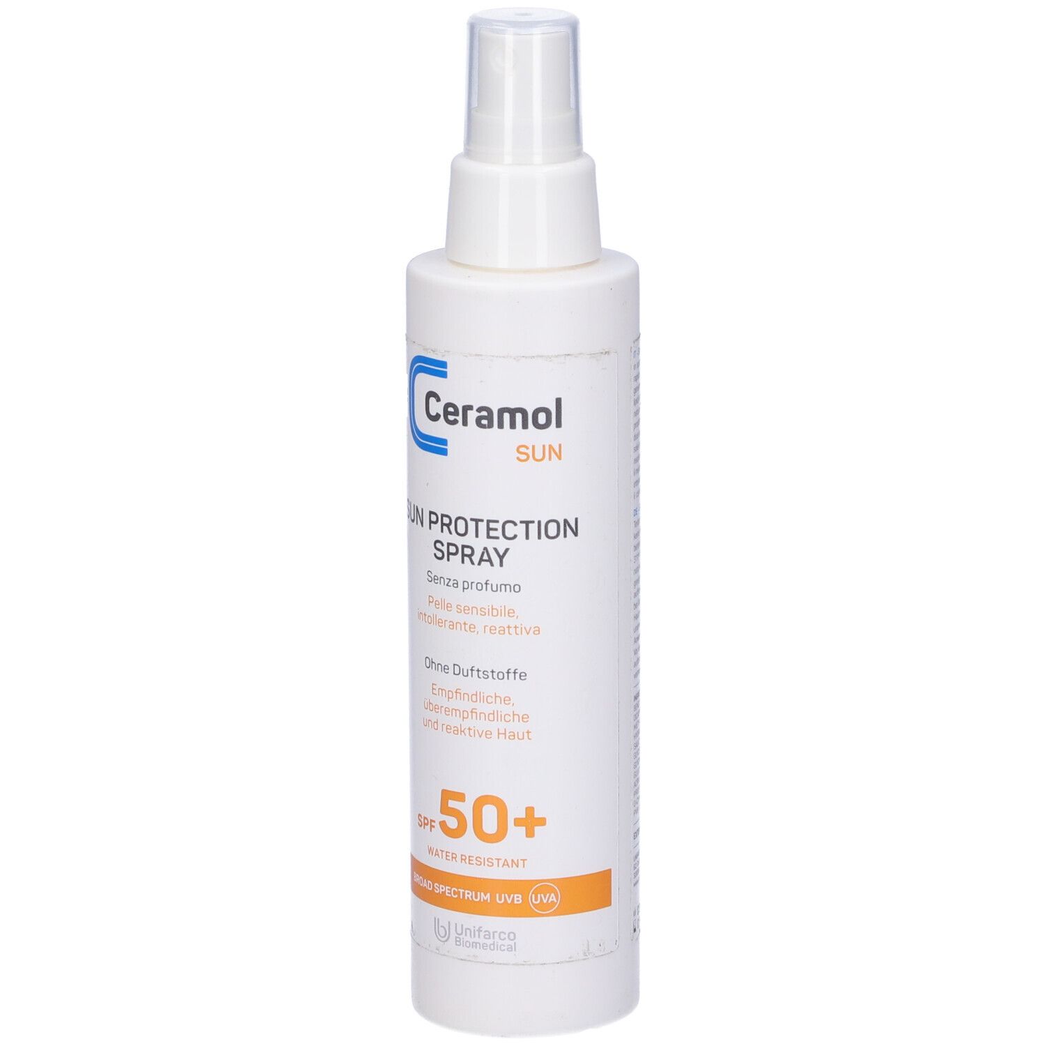Flacon spray blanc avec texte bleu et orange. Inscriptions : Ceramol Sun, Sun Protection Spray, SPF 50+.