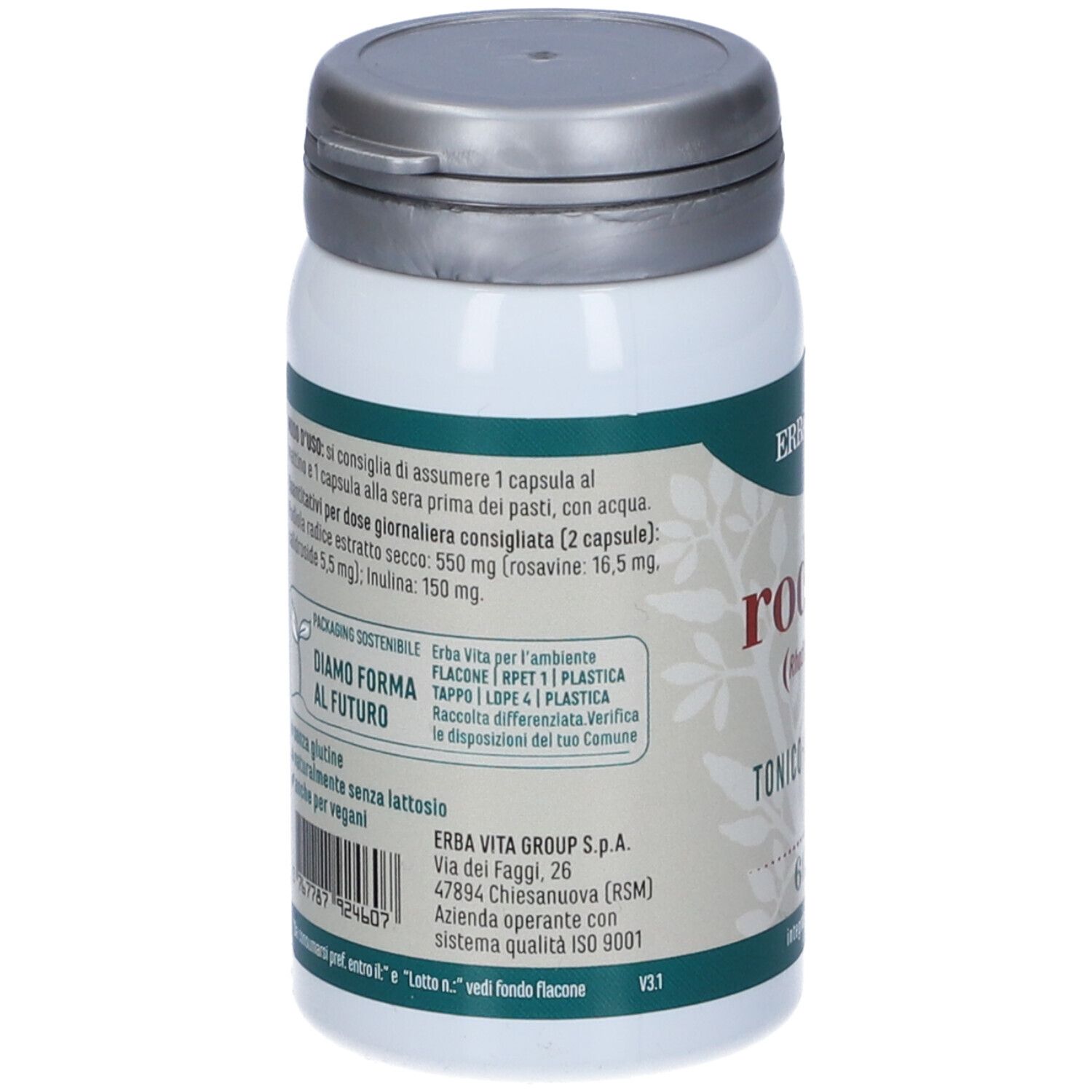 Rückseite der weißen Flasche. Text: Erbavita, Inhaltsstoffe, Hinweise zur Anwendung, Informationen zur Nachhaltigkeit.