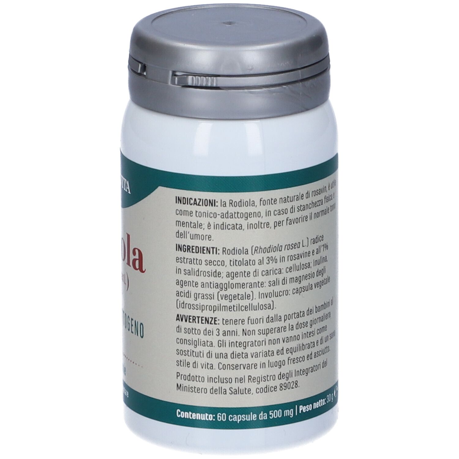 Rückseite der weißen Flasche. Text: Erbavita, Inhaltsstoffe, Hinweise, 60 Kapseln, 500 mg, Gewicht 30 g.