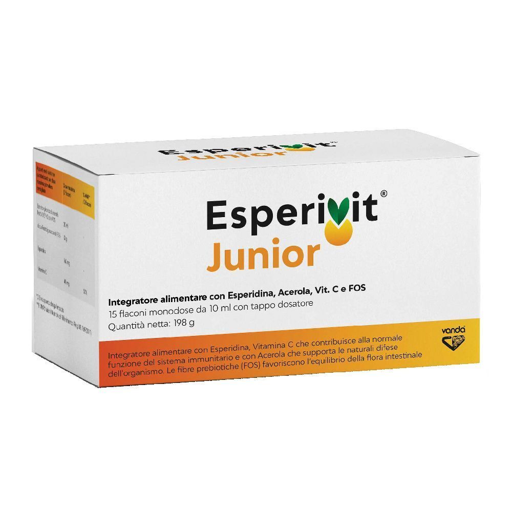 Boîte Esperivit Junior. Blanche, avec nom et informations. Accent orange.