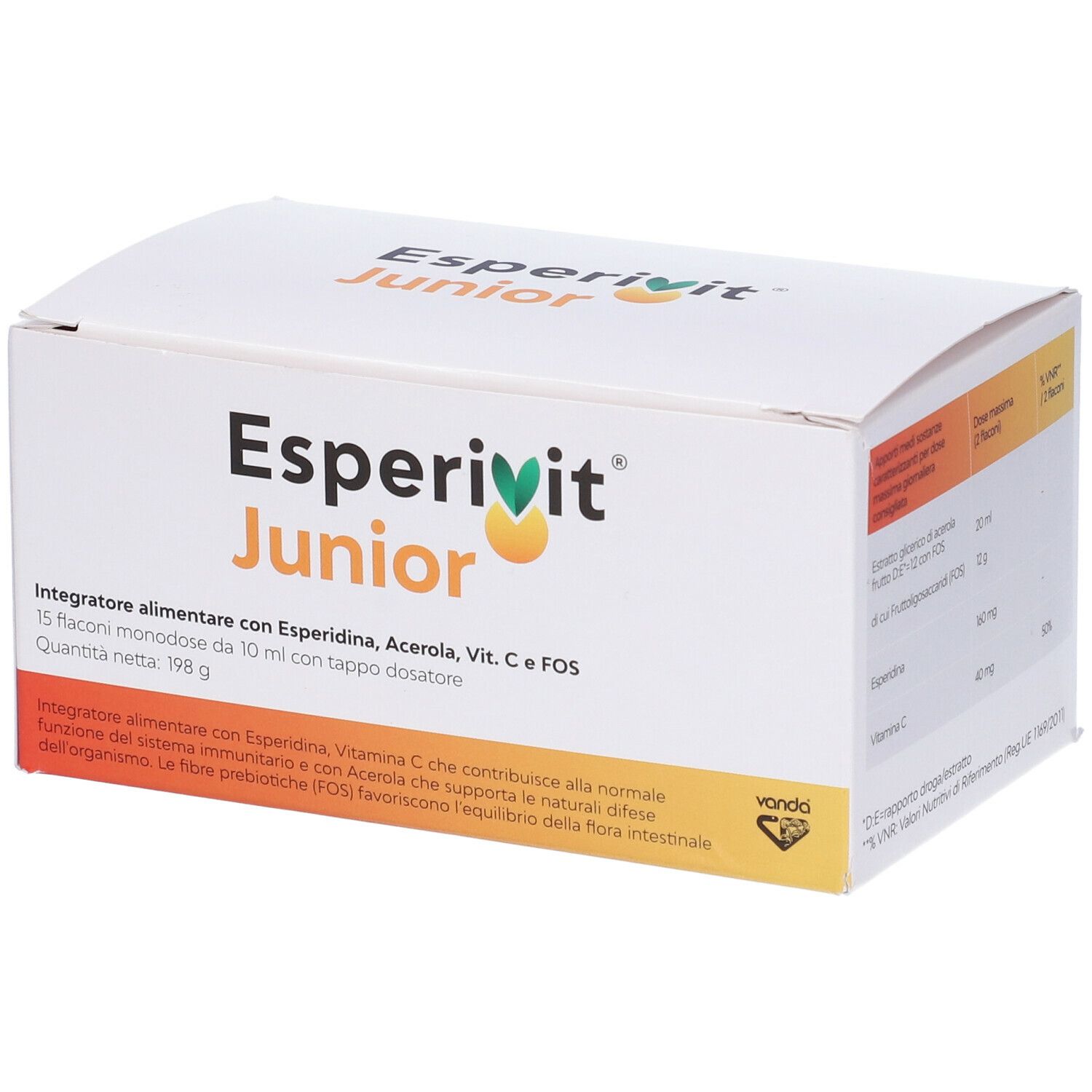 Boîte Esperivit Junior. Blanche, avec nom et informations. Accent orange.