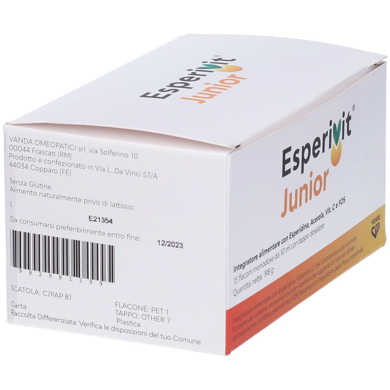 Boîte Esperivit Junior. Blanche, avec nom et informations. Accent orange.