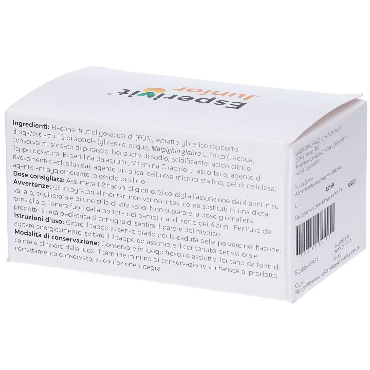 Boîte Esperivit Junior. Blanche, avec nom et informations. Accent orange.