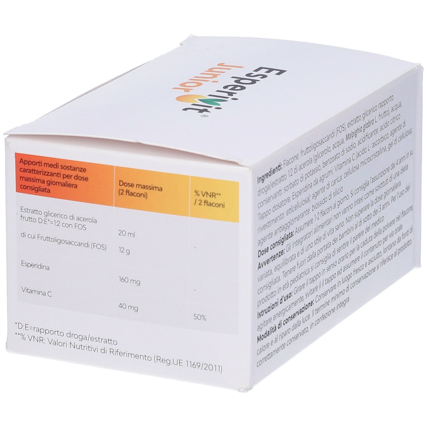 Boîte Esperivit Junior. Blanche, avec nom et informations. Accent orange.
