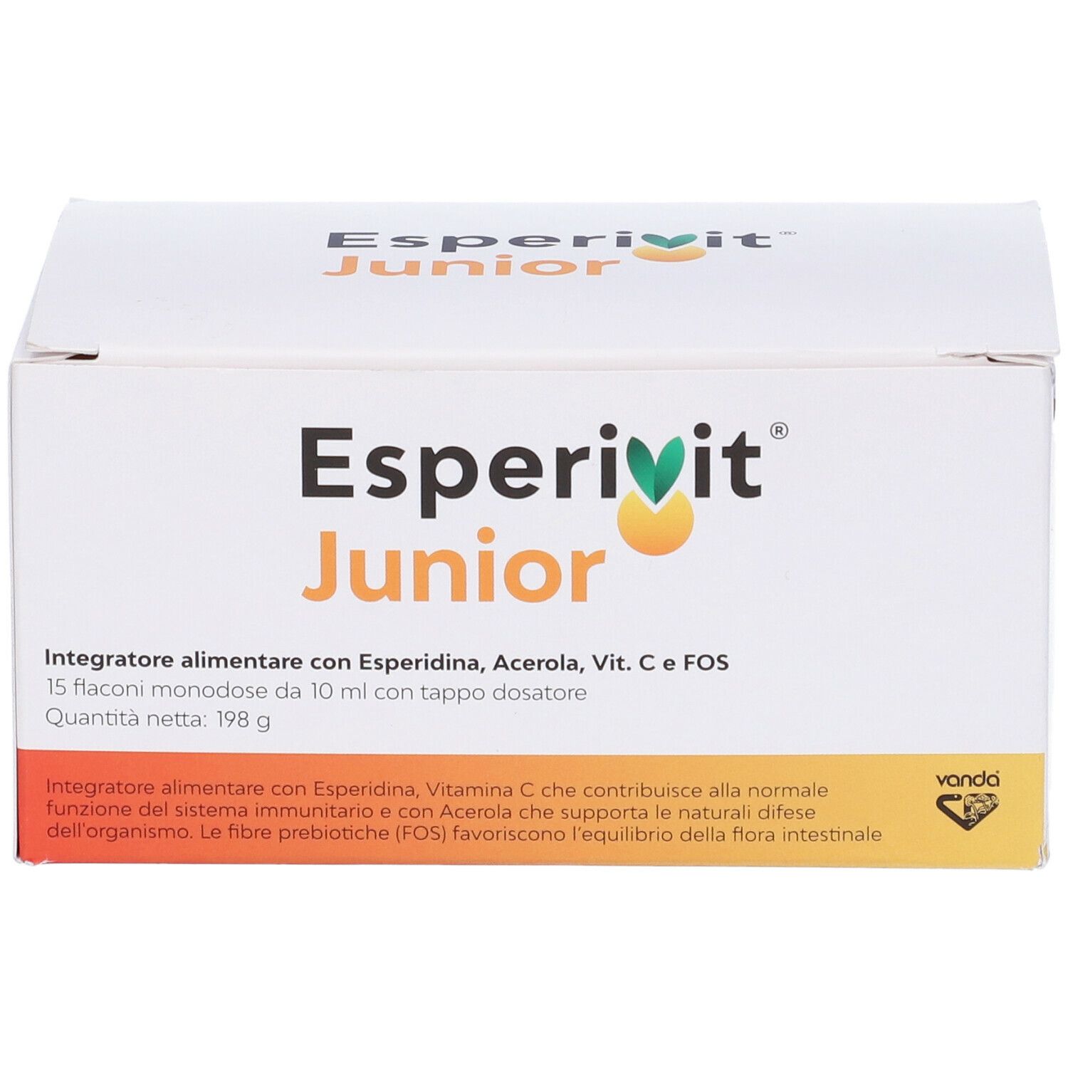 Boîte Esperivit Junior. Blanche, avec nom et informations. Accent orange.
