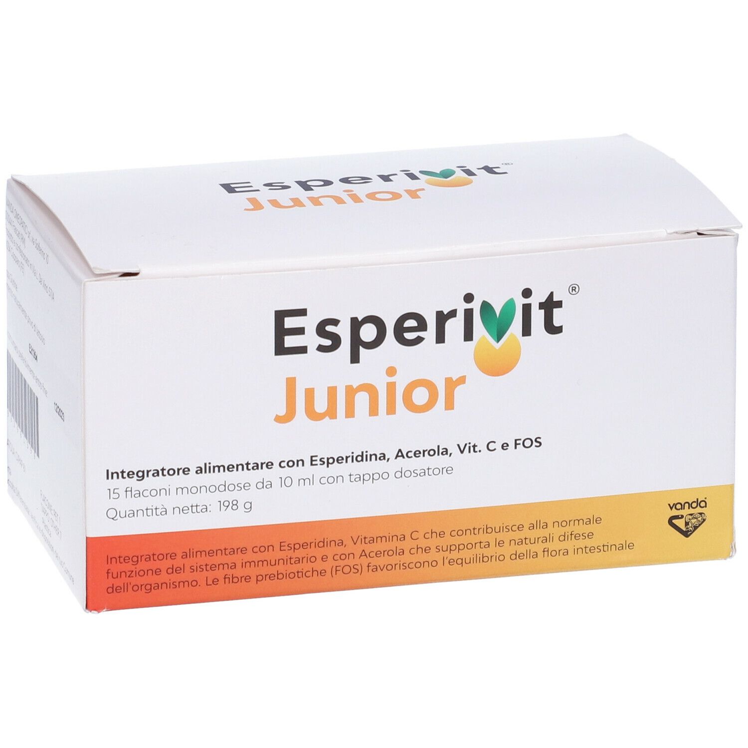 Boîte Esperivit Junior. Blanche, avec nom et informations. Accent orange.