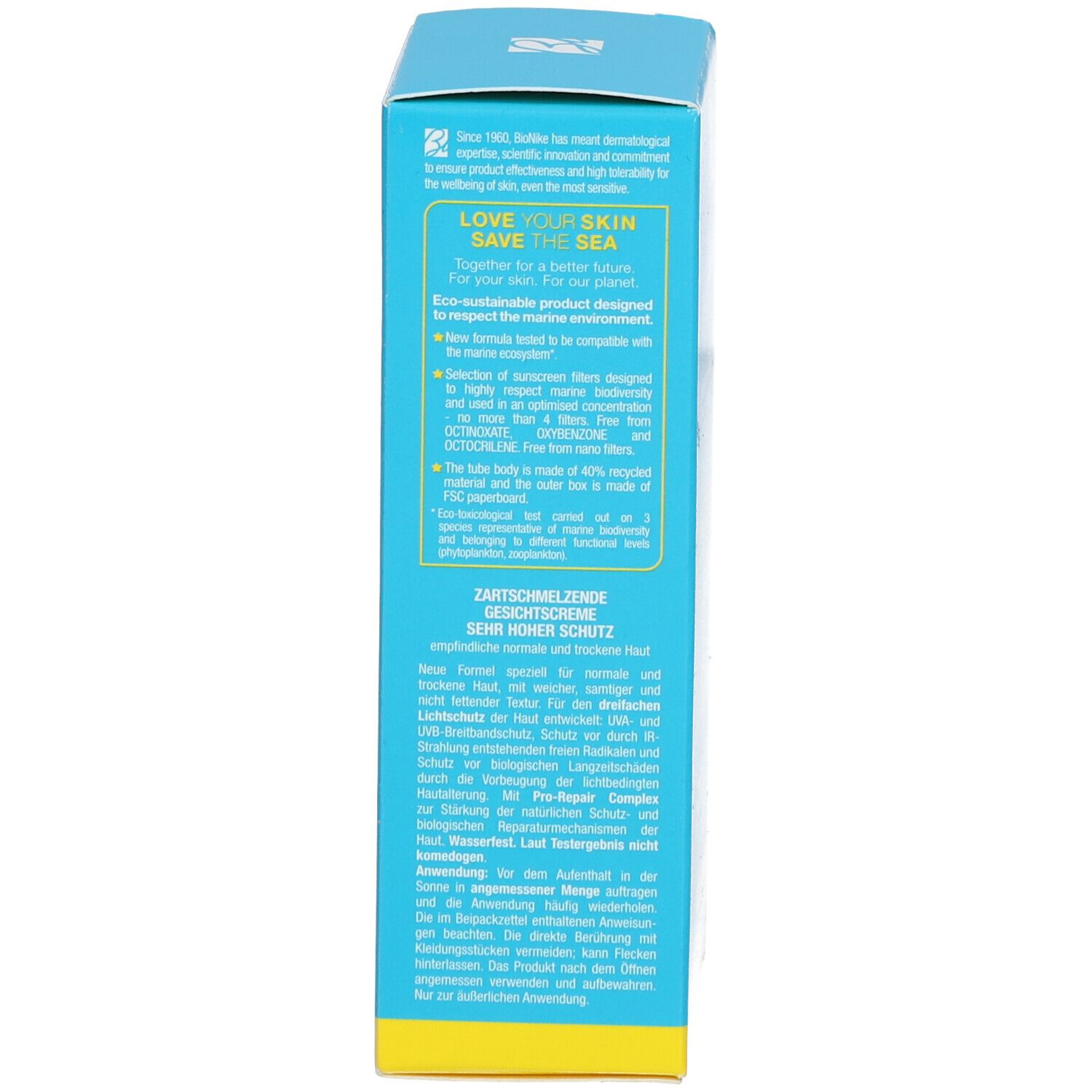 Côté d'une boîte turquoise avec fond jaune. Texte en italien. Contient des informations sur le produit.