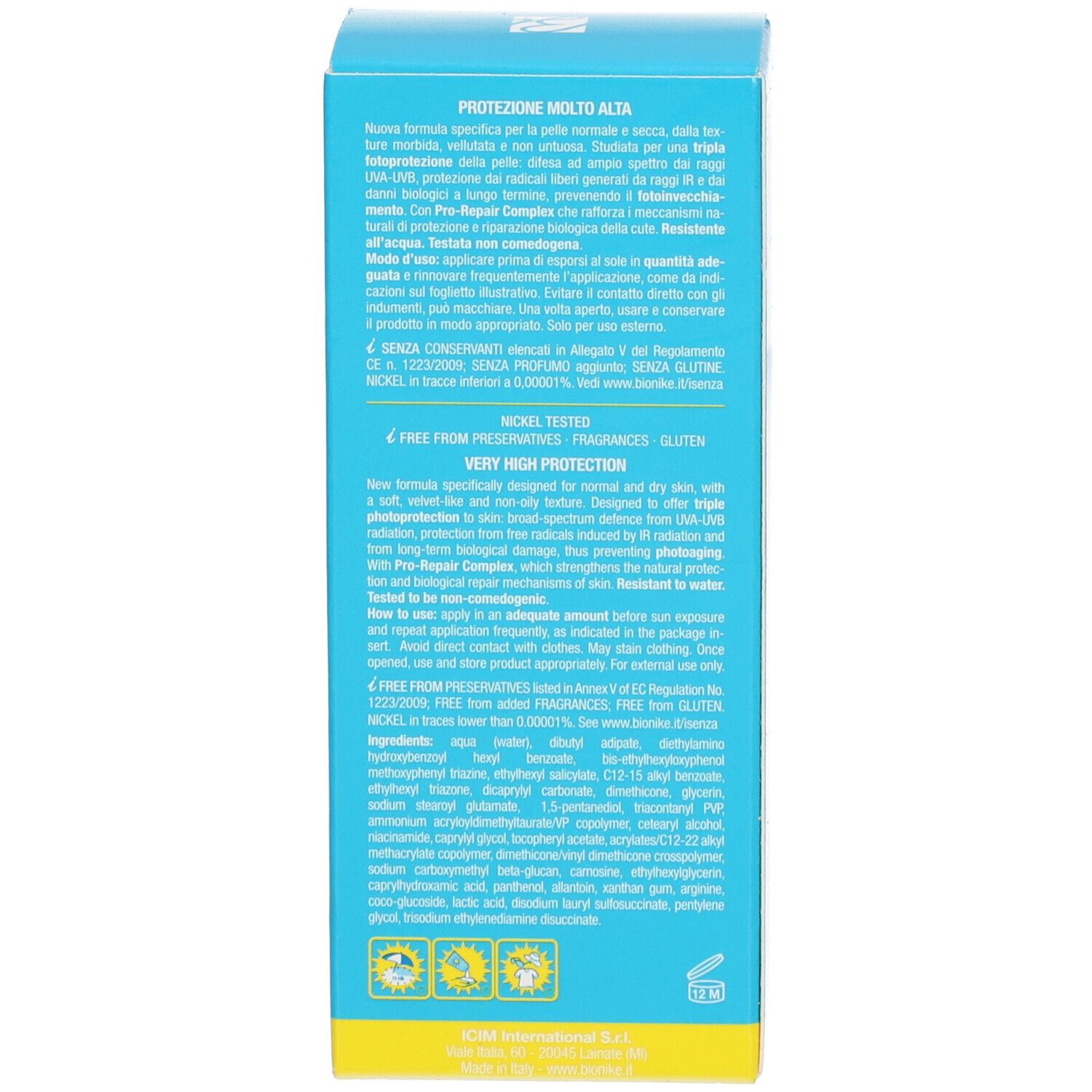 Dos d'une boîte turquoise avec fond jaune. Texte en italien. Contient des informations sur le produit.