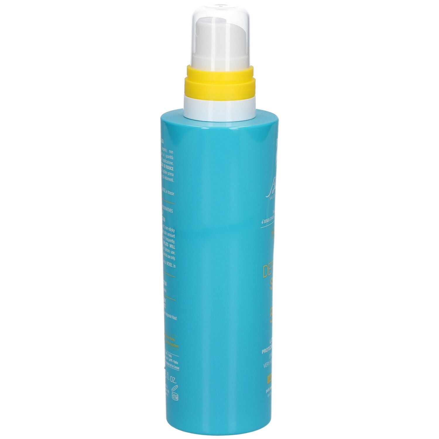 Türkisblaue Sprühflasche mit gelbem Sprühkopf. Seitenansicht. Text auf der Flasche.