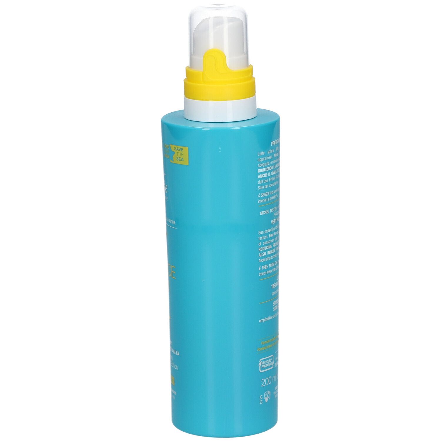 Türkisblaue Sprühflasche mit gelbem Sprühkopf. Seitenansicht. Text auf der Flasche.