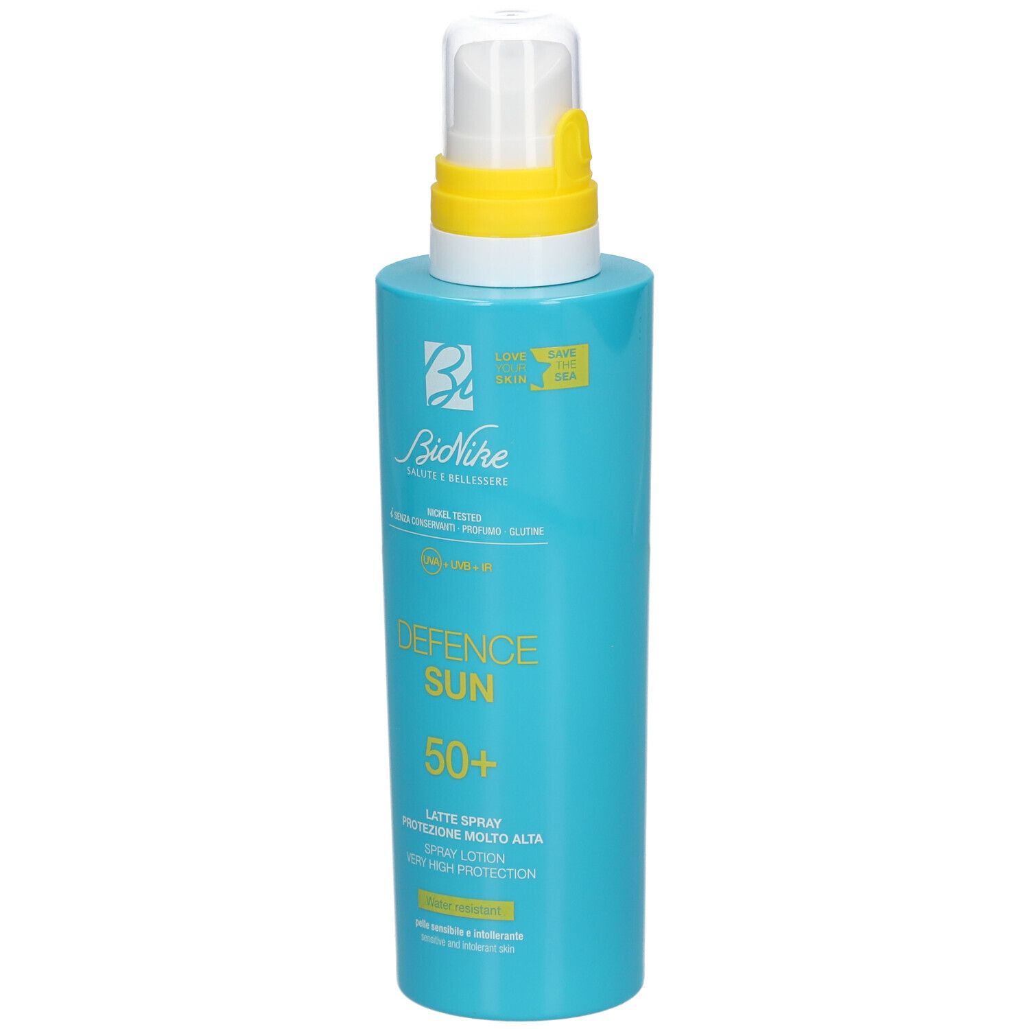 Türkisblaue Sprühflasche mit gelbem Sprühkopf. Aufschrift: Defence Sun 50+ und BioNike Logo.