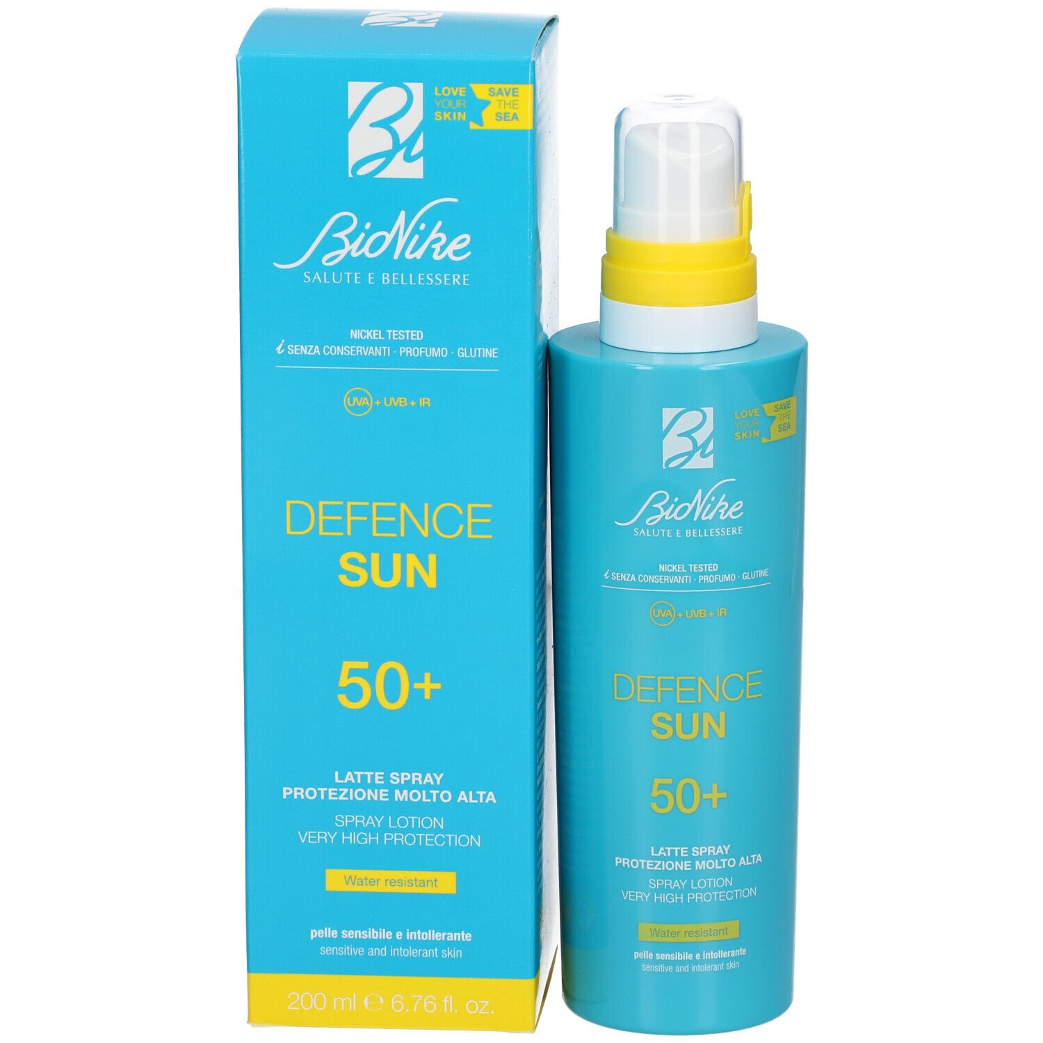 Produktverpackung: Türkisblaue Schachtel mit Sprühflasche. Aufschrift: Defence Sun 50+ und BioNike Logo.