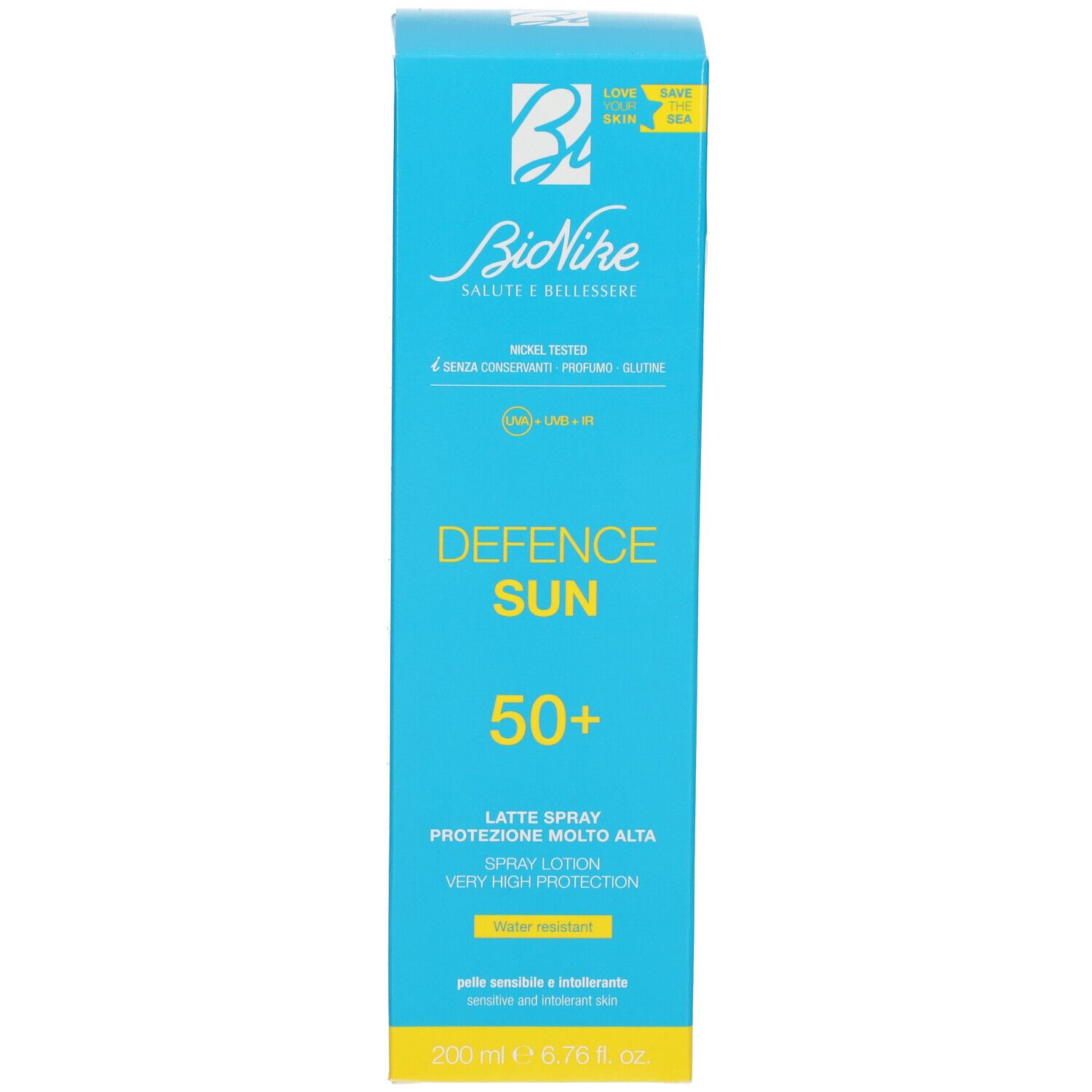 Türkisblaue Produktverpackung. Aufschrift: Defence Sun 50+ und BioNike Logo.