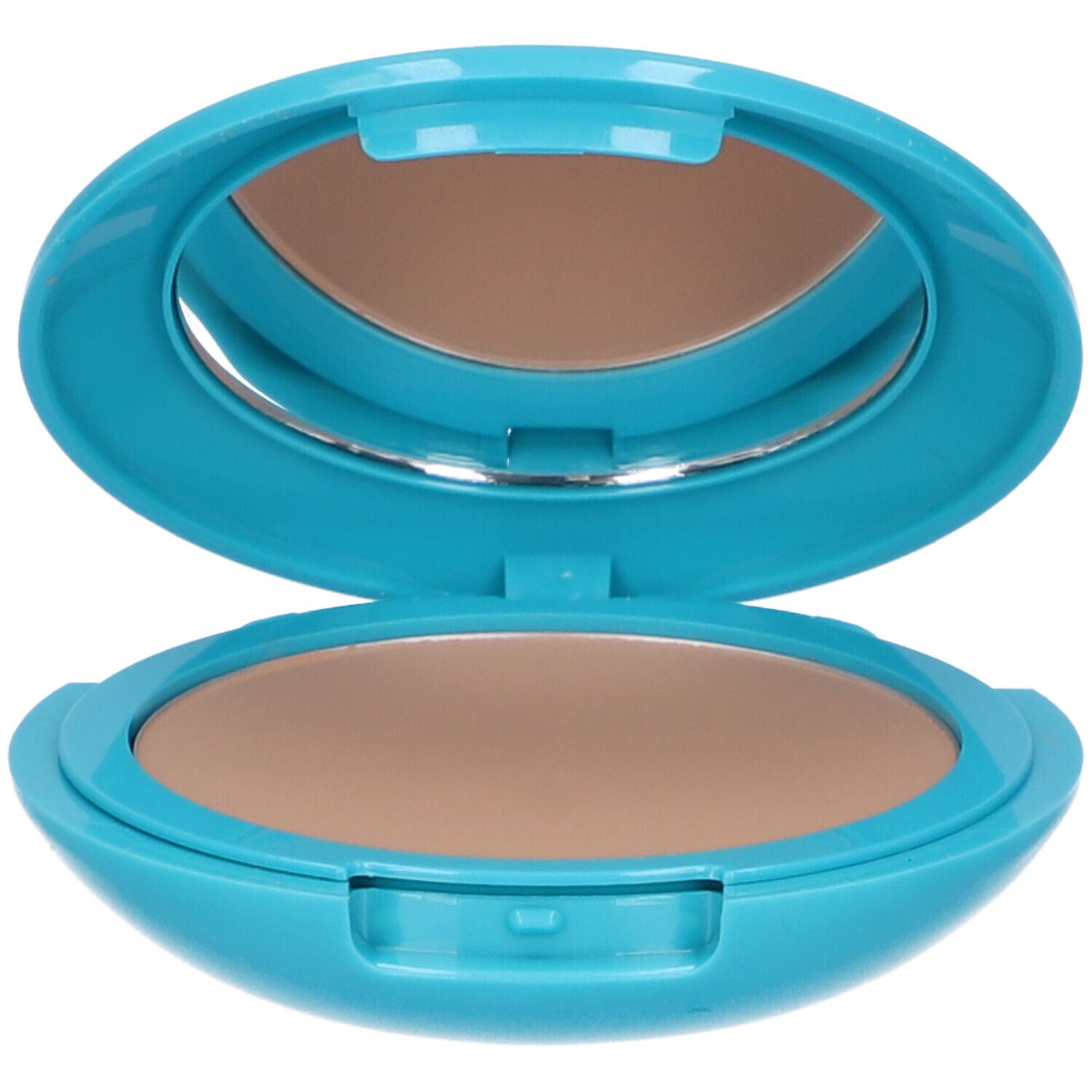 Fond de teint compact ouvert, étui bleu clair. Miroir et produit visibles. Teinte claire, brun clair.