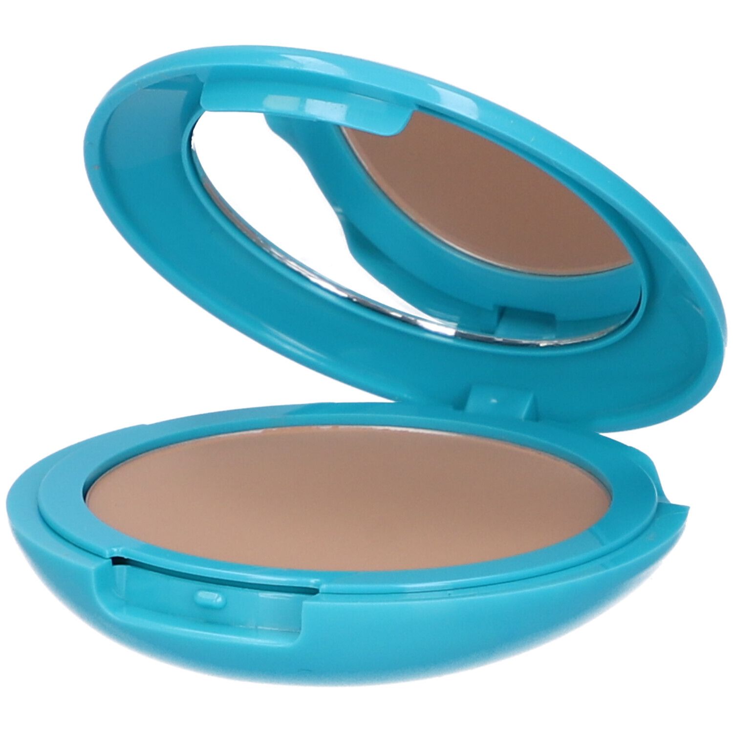 Fond de teint compact ouvert, étui bleu clair. Miroir et produit visibles. Teinte claire, brun clair.