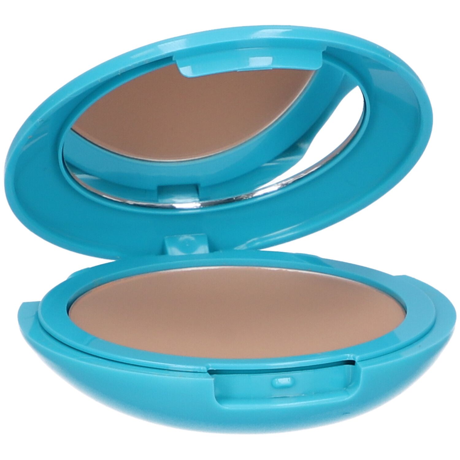 Fond de teint compact ouvert, étui bleu clair. Miroir et produit visibles. Teinte claire, brun clair.
