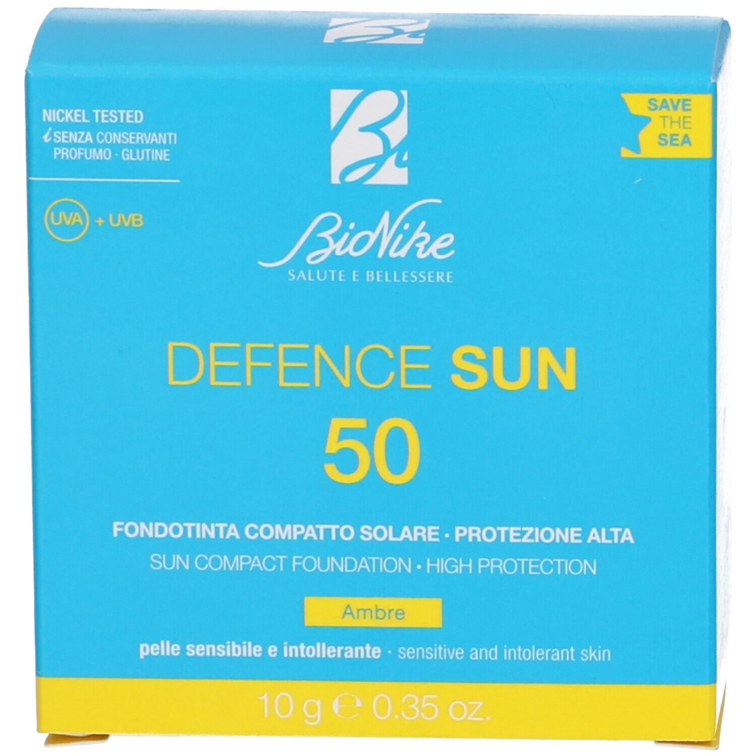 Emballage bleu clair avec informations sur le produit. Nom du produit et détails visibles. Zone jaune.