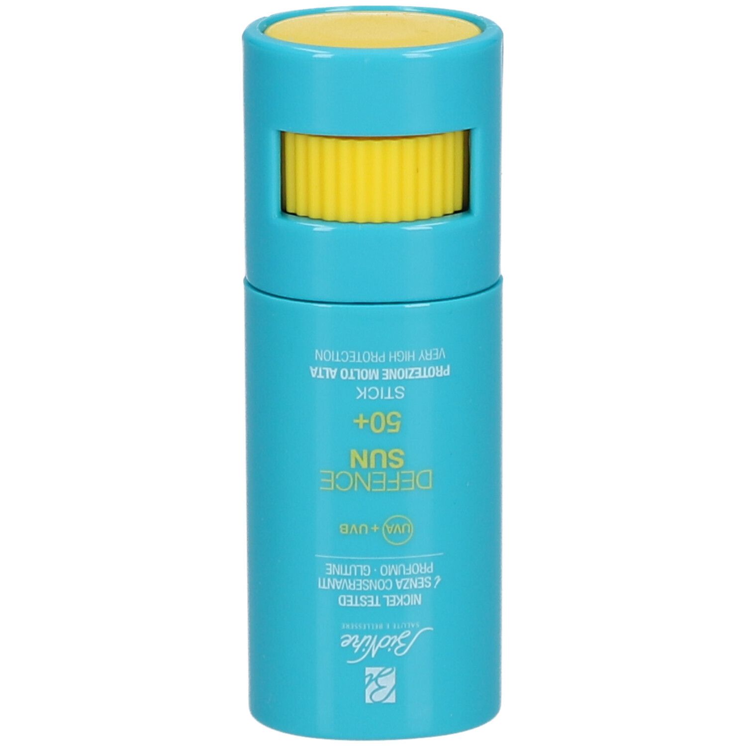 BioNike Defence Sun SPF 50+ Stick, geöffnet. Blauer Behälter, gelber Drehverschluss. Text: Defence Sun, SPF 50+.