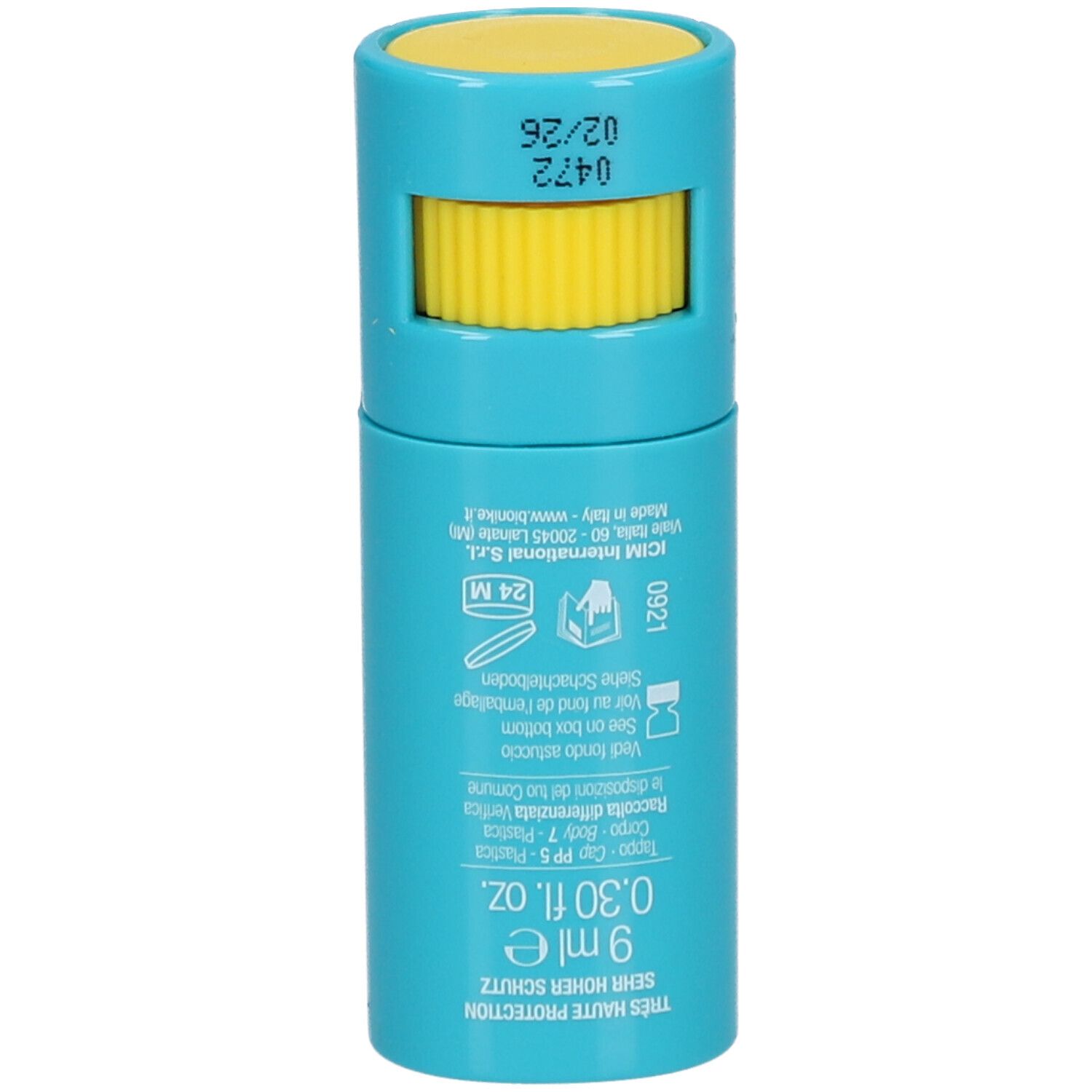 Blauer Stick BioNike Defence Sun SPF 50+ mit gelbem Drehverschluss. Aufschrift: 9 ml, 0.30 fl. oz. Haltbarkeitsdatum.