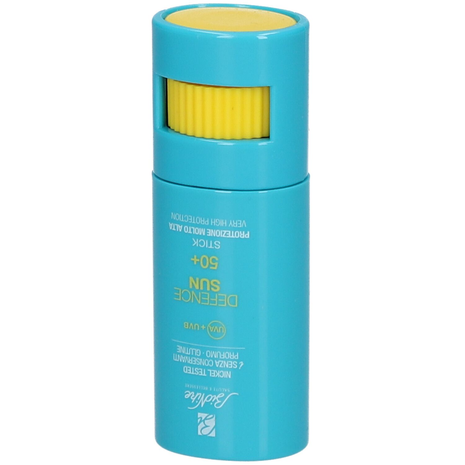 BioNike Defence Sun SPF 50+ Stick, geöffnet. Blauer Behälter, gelber Drehverschluss. Text: Defence Sun, SPF 50+.