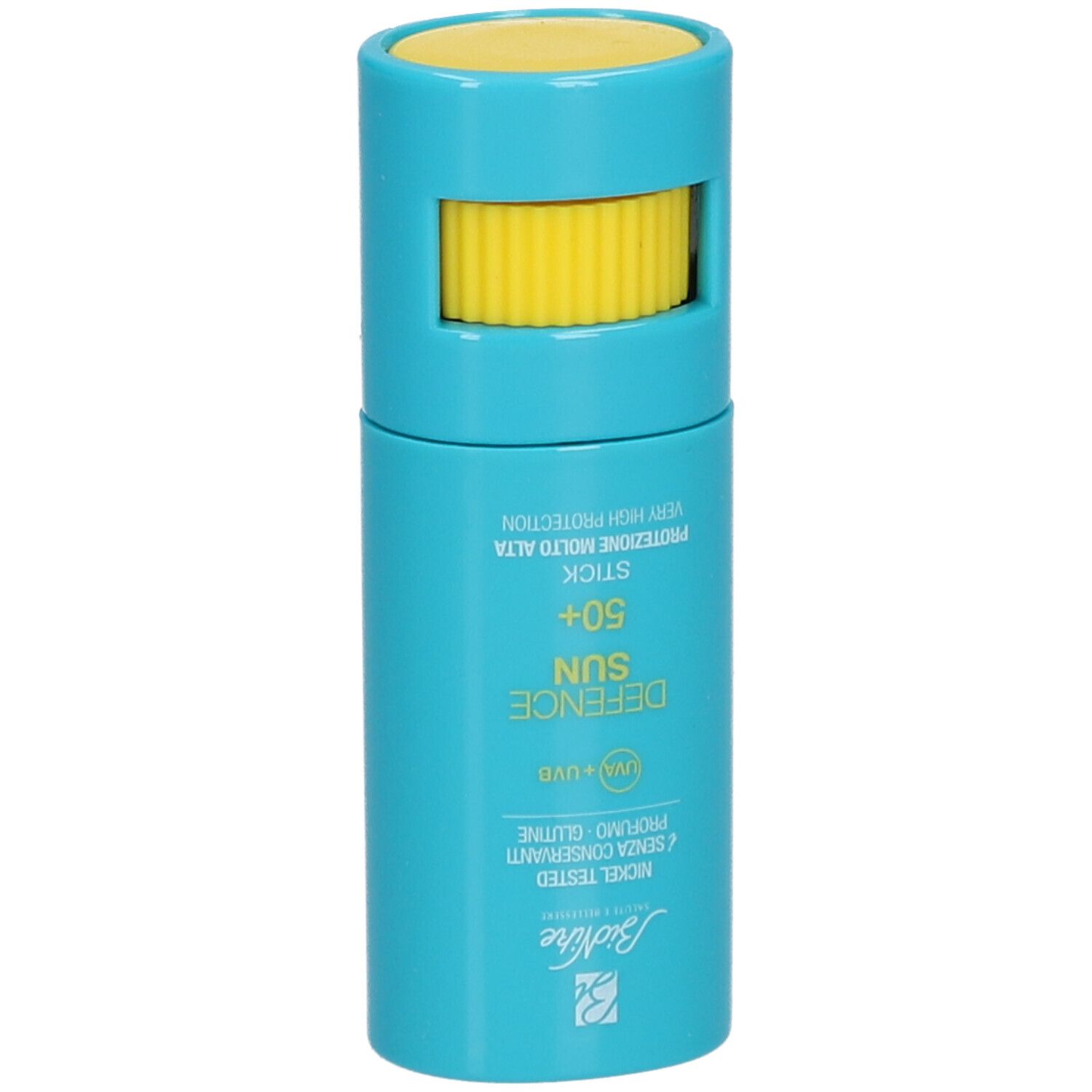 BioNike Defence Sun SPF 50+ Stick, geöffnet. Blauer Behälter, gelber Drehverschluss. Text: Defence Sun, SPF 50+.