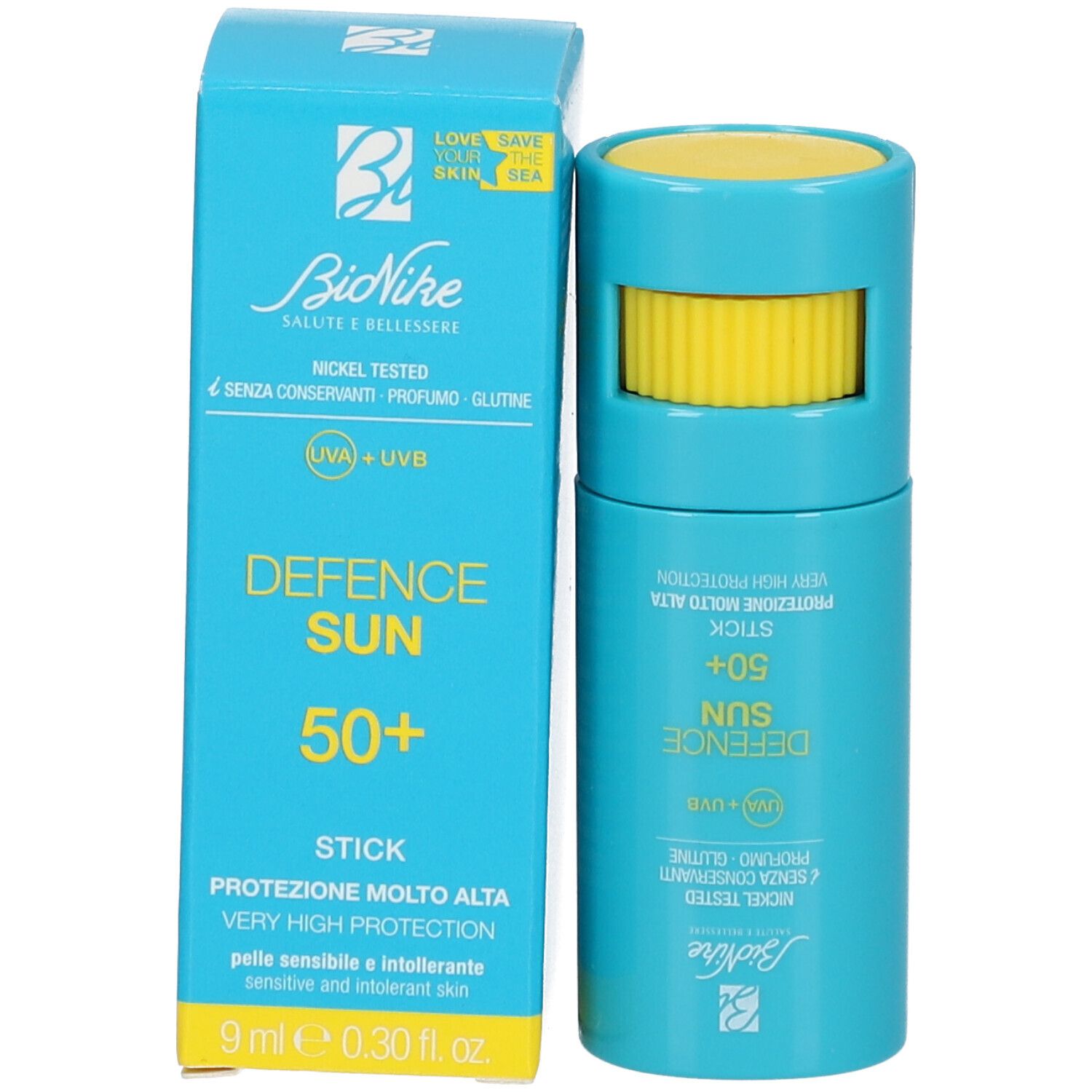 BioNike Defence Sun SPF 50+ Stick mit Verpackung. Blauer Stick und Schachtel. Text: Defence Sun, SPF 50+.