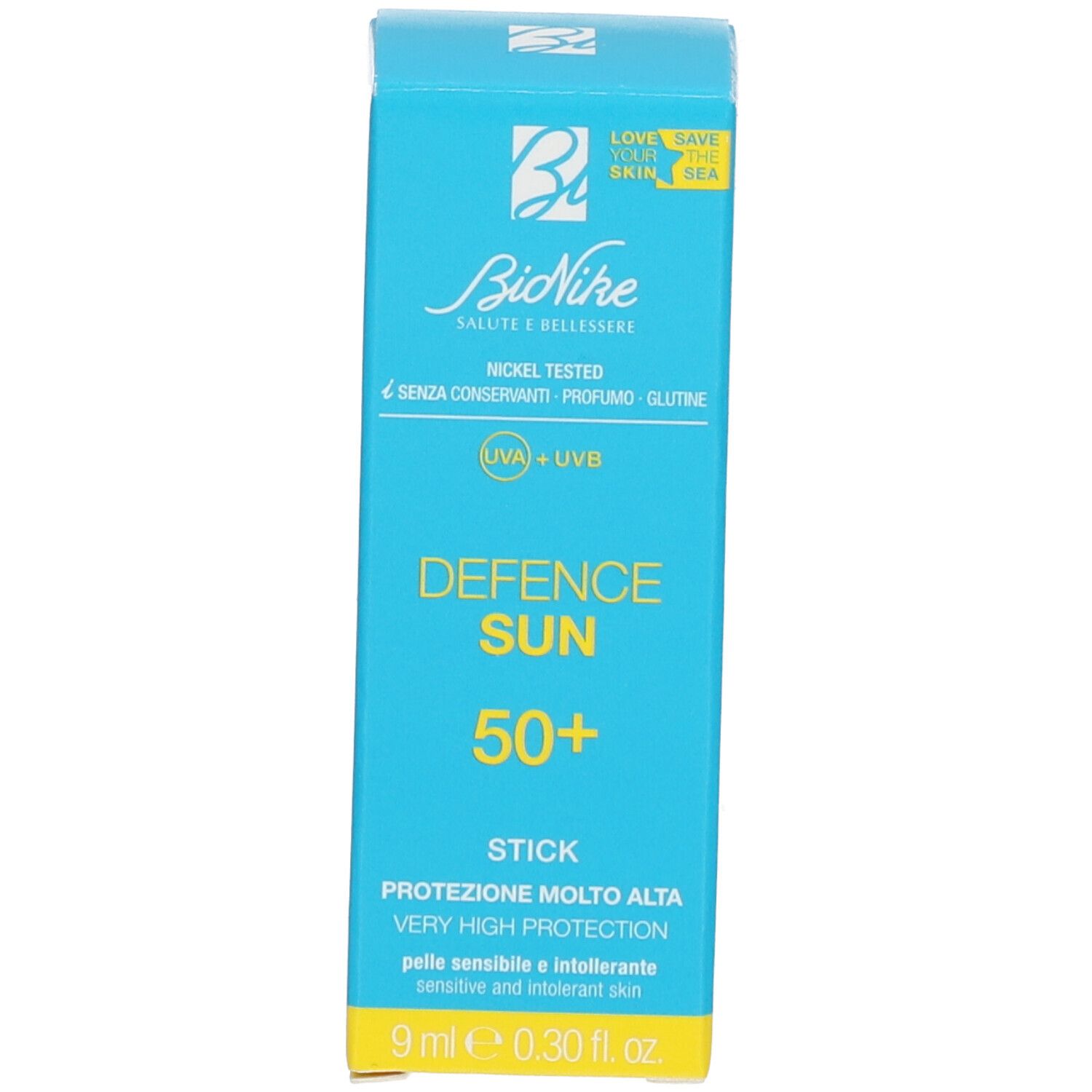 Verpackung von BioNike Defence Sun SPF 50+ Stick. Blaue Schachtel. Text: Defence Sun, SPF 50+, 9 ml.