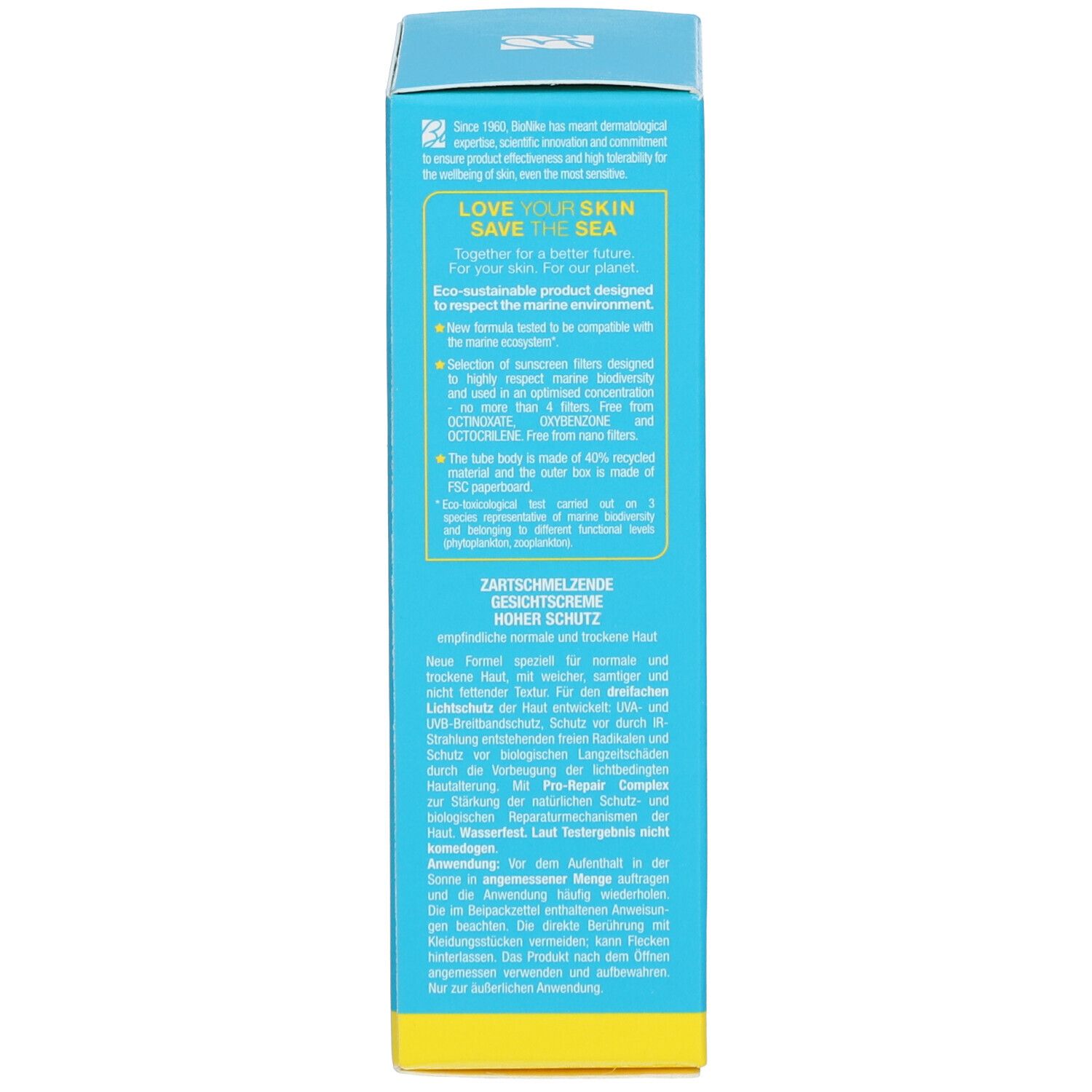 Dos de la boîte de crème solaire. Texte: Crème visage fondante, haute protection, Pro-Repair Complex, certifié FSC.