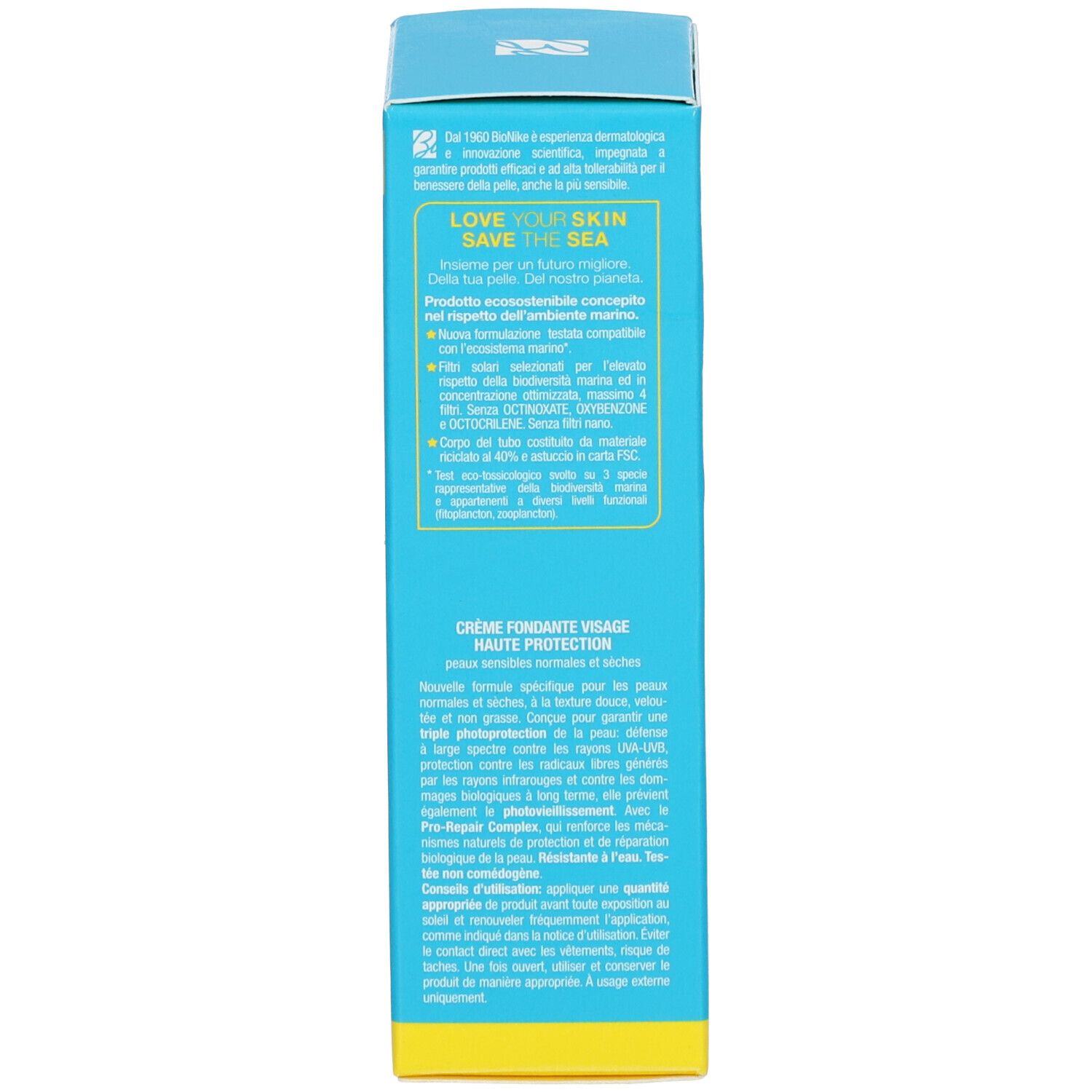 Dos de la boîte de crème solaire. Texte: Crème Fondante Visage, Haute Protection, Pro-Repair Complex, certifié FSC.